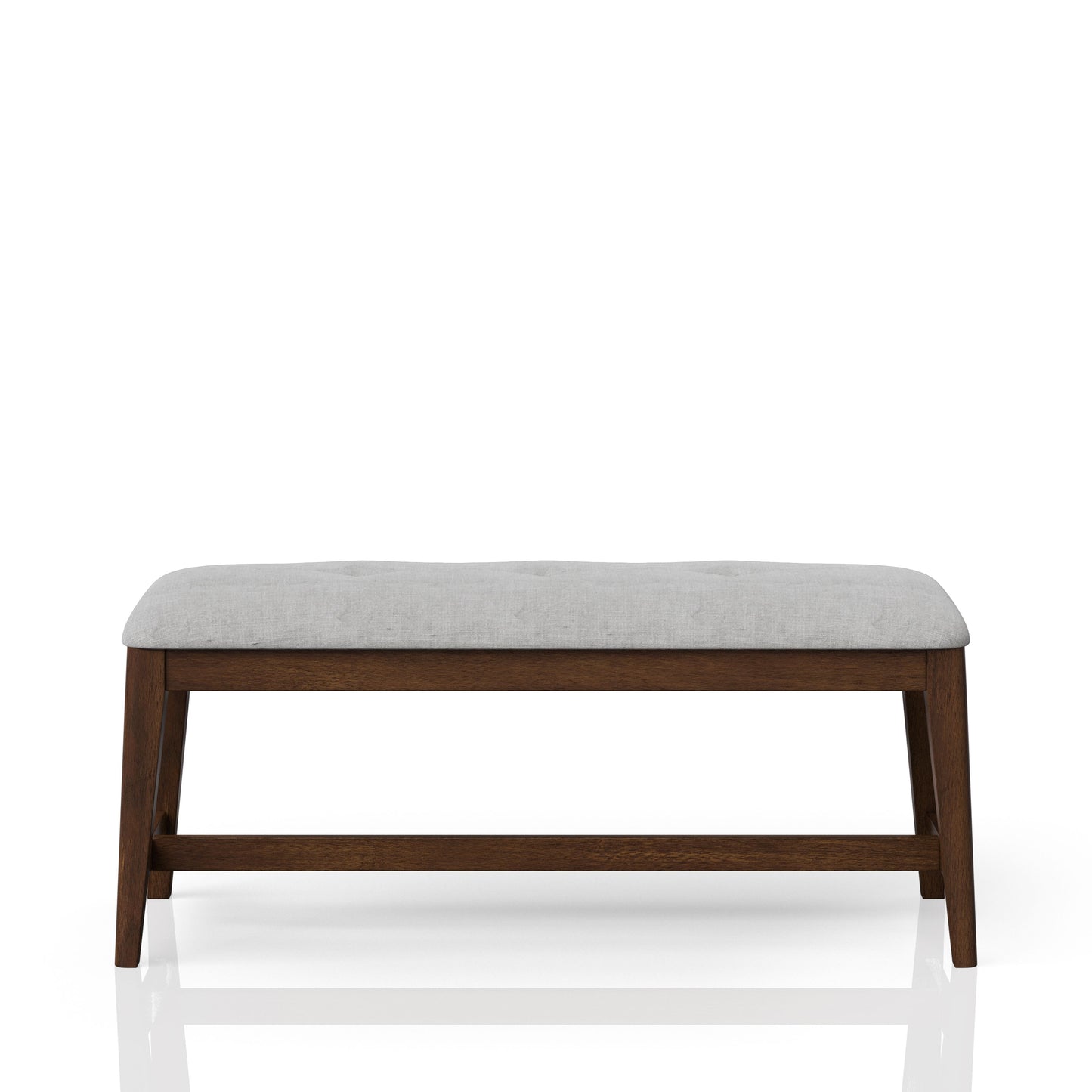 Tufted grey linen upholstered bench with dark wood frame