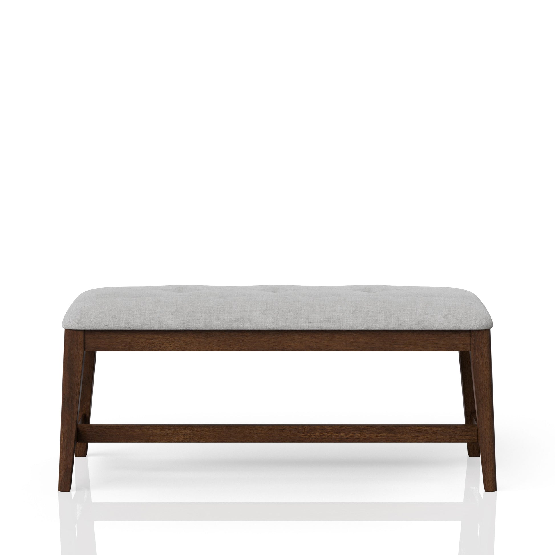 Tufted grey linen upholstered bench with dark wood frame
