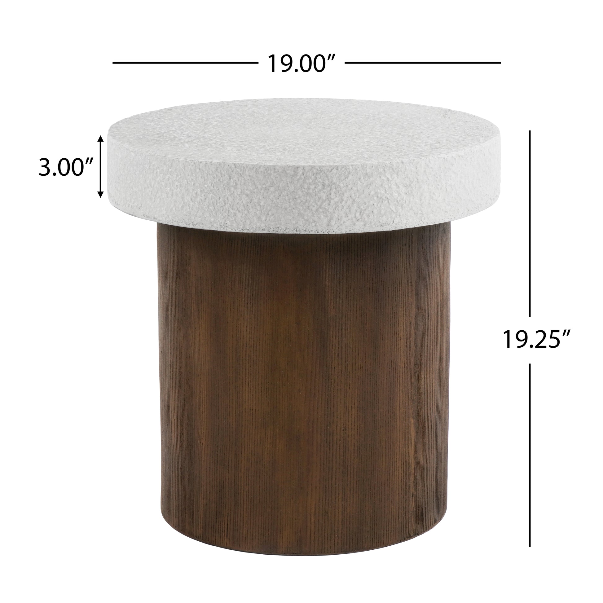 Round white textured top accent table with dark wood base