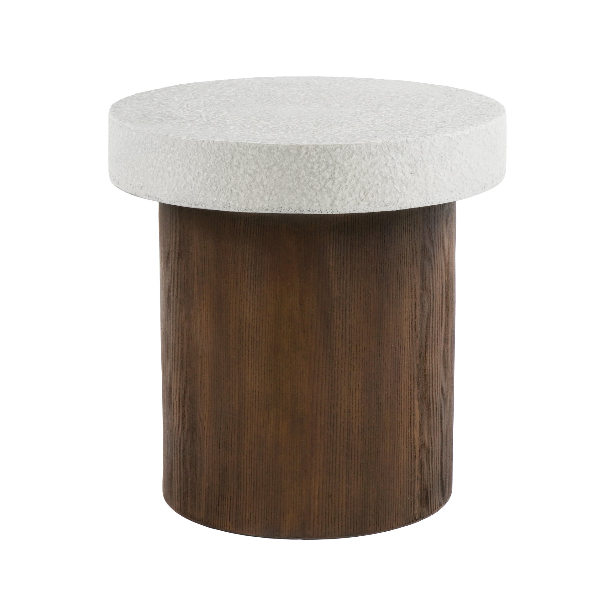 Textured white round top accent table with dark wood cylinder base