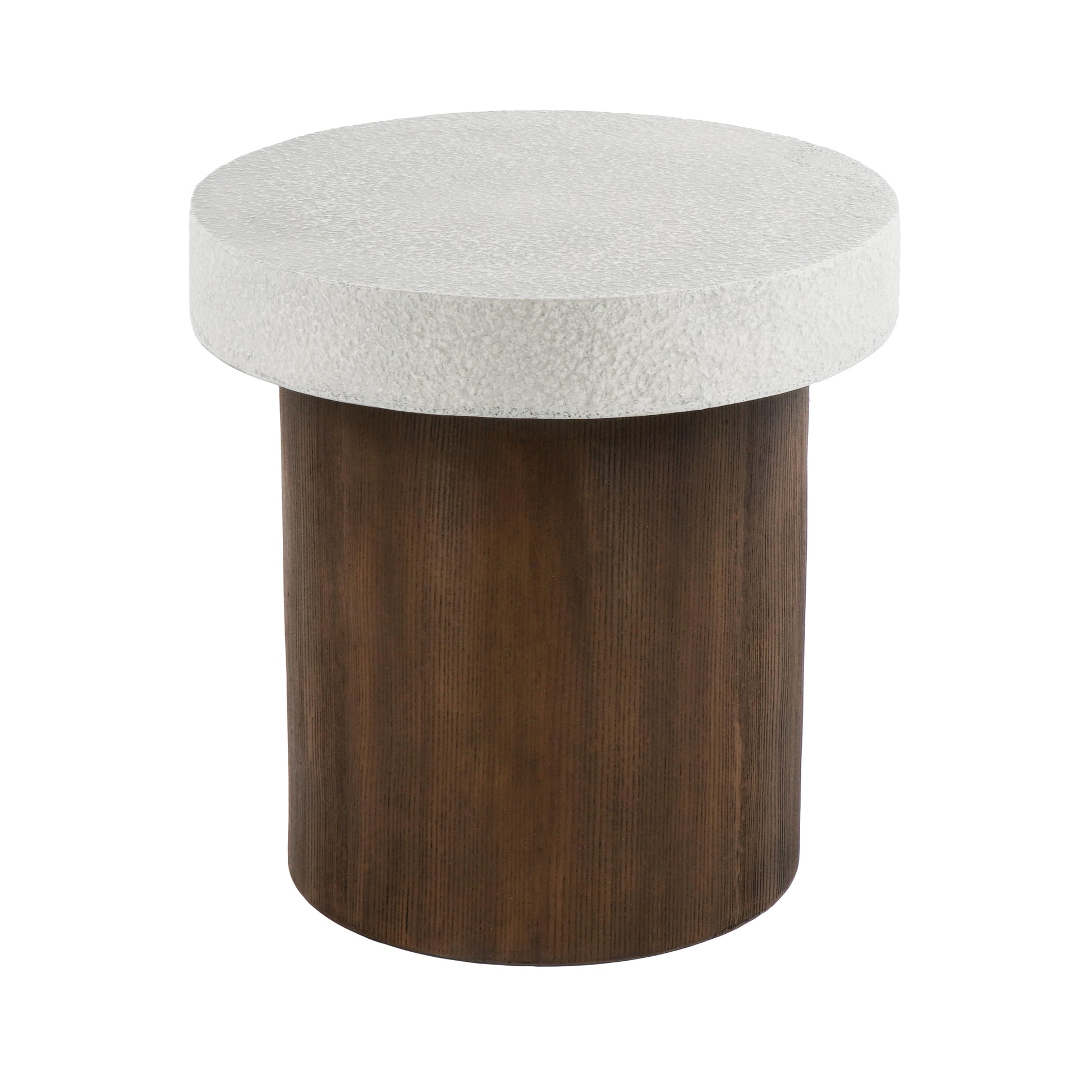 Round white textured top accent table with dark wood base