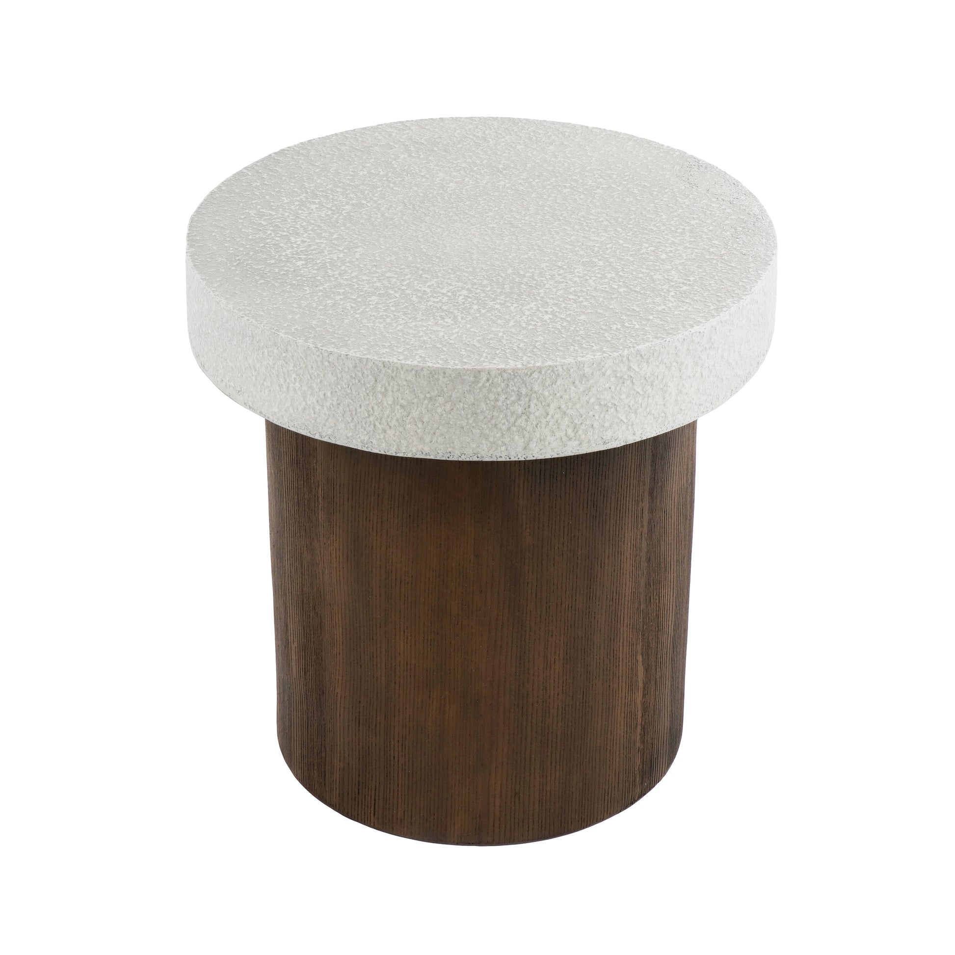 Textured white round side table with dark wood cylindrical base