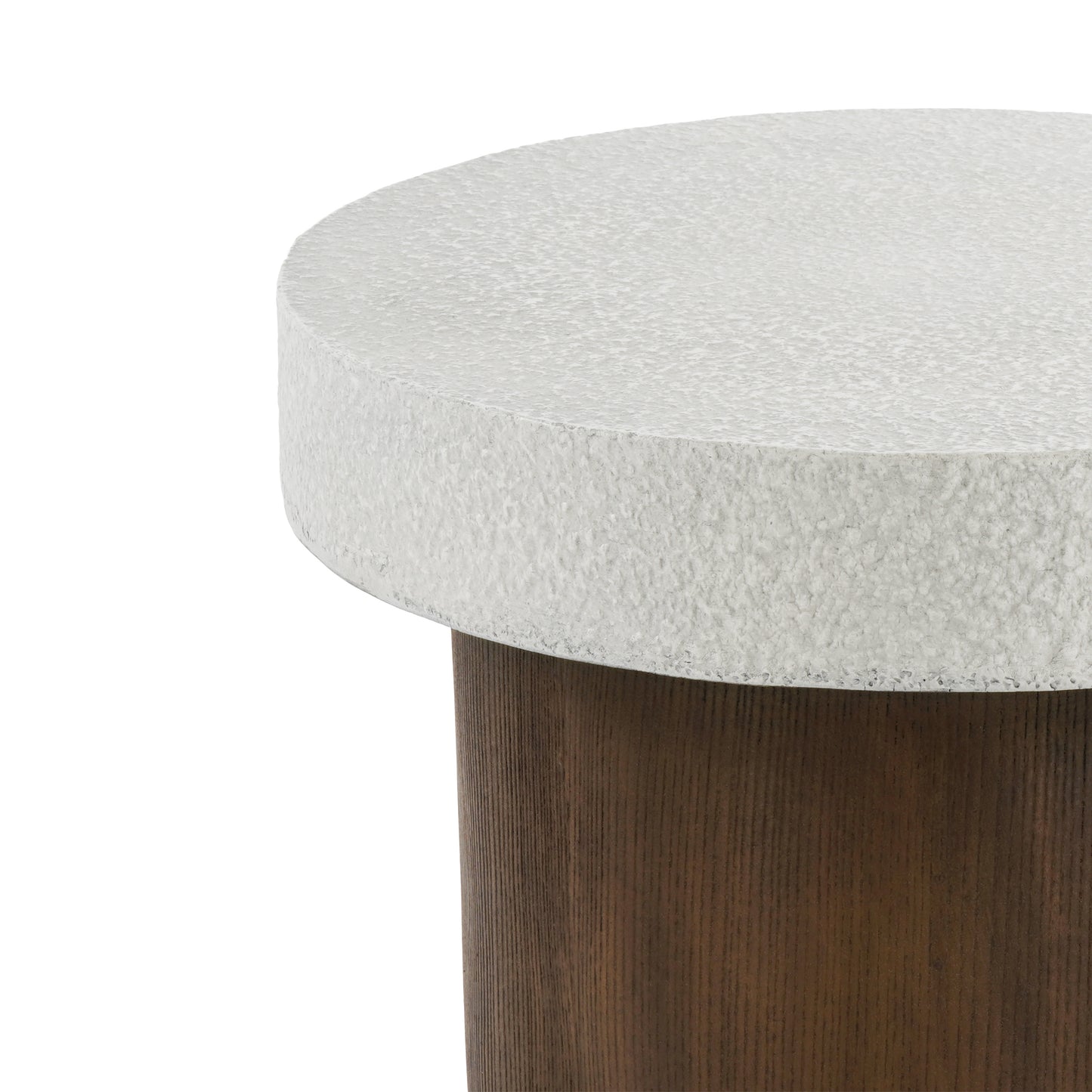 Textured white round side table with a dark wood pedestal base
