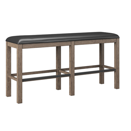Rustic wood counter bench with black faux leather upholstered seat and footrest