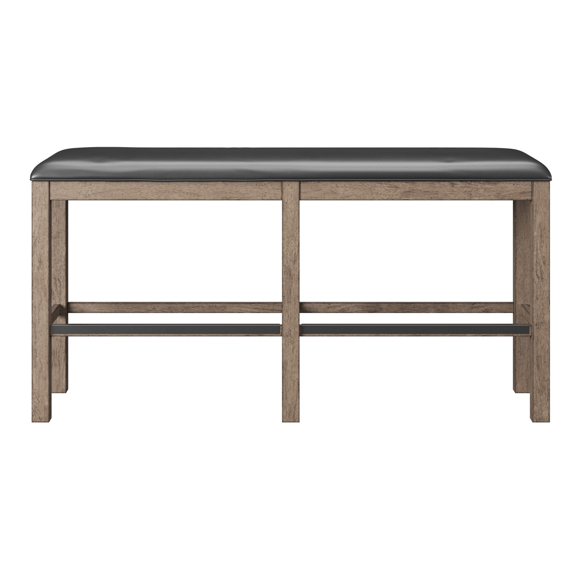 Rustic wood counter stool with padded black faux leather seat and metal footrest