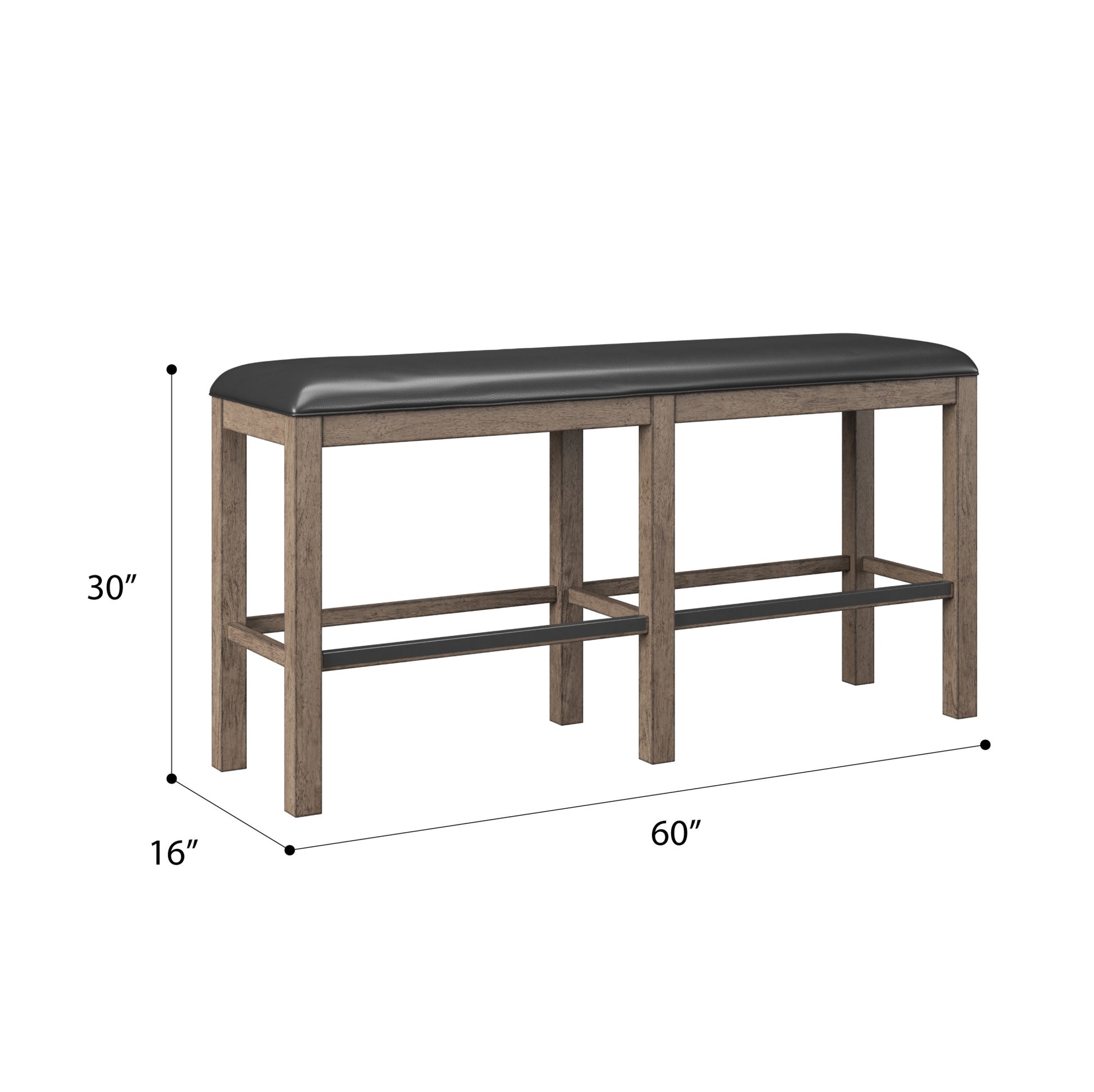 inch grey wood counter height bench with black faux leather top and footrest