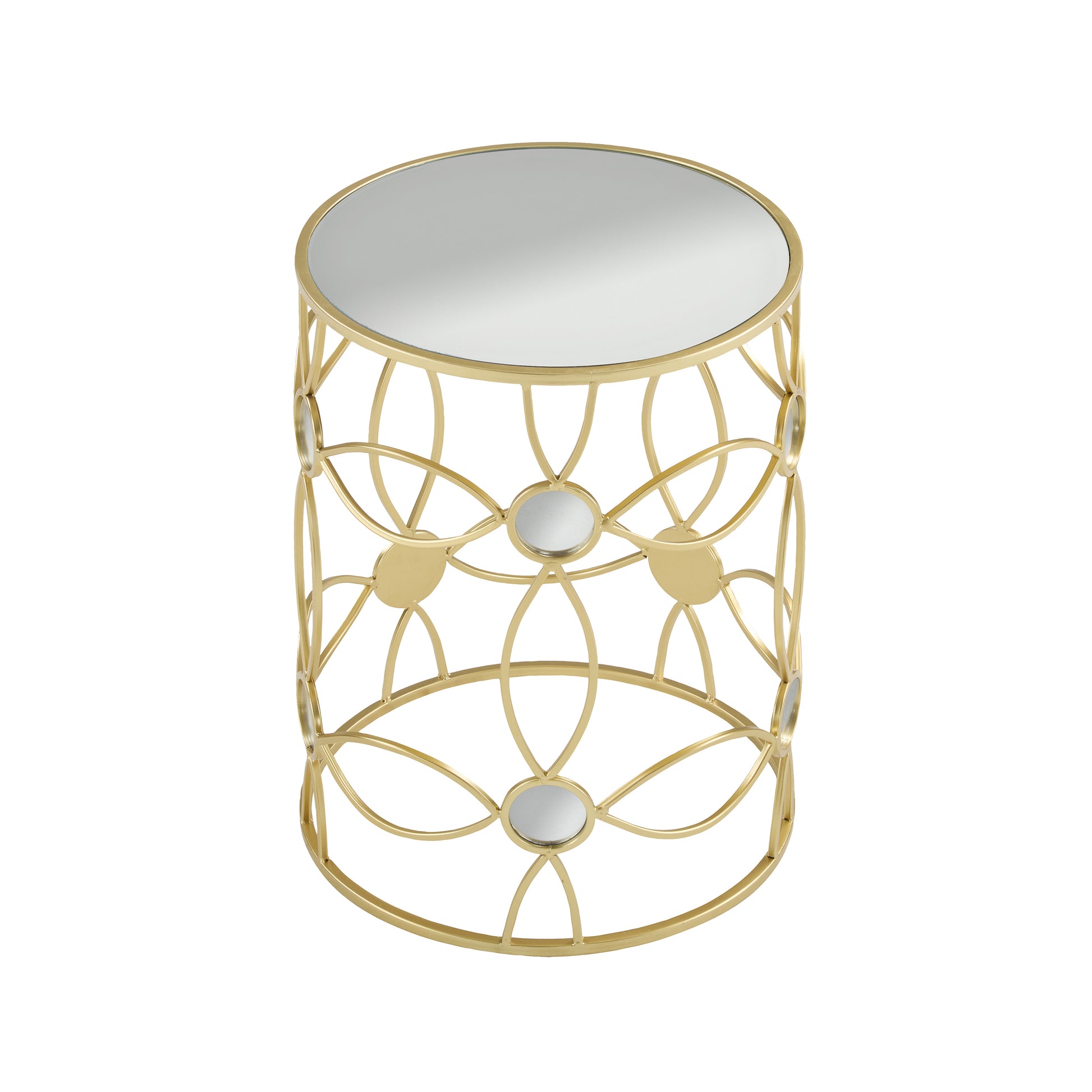 Gold metal end table with mirrored top and geometric lattice design