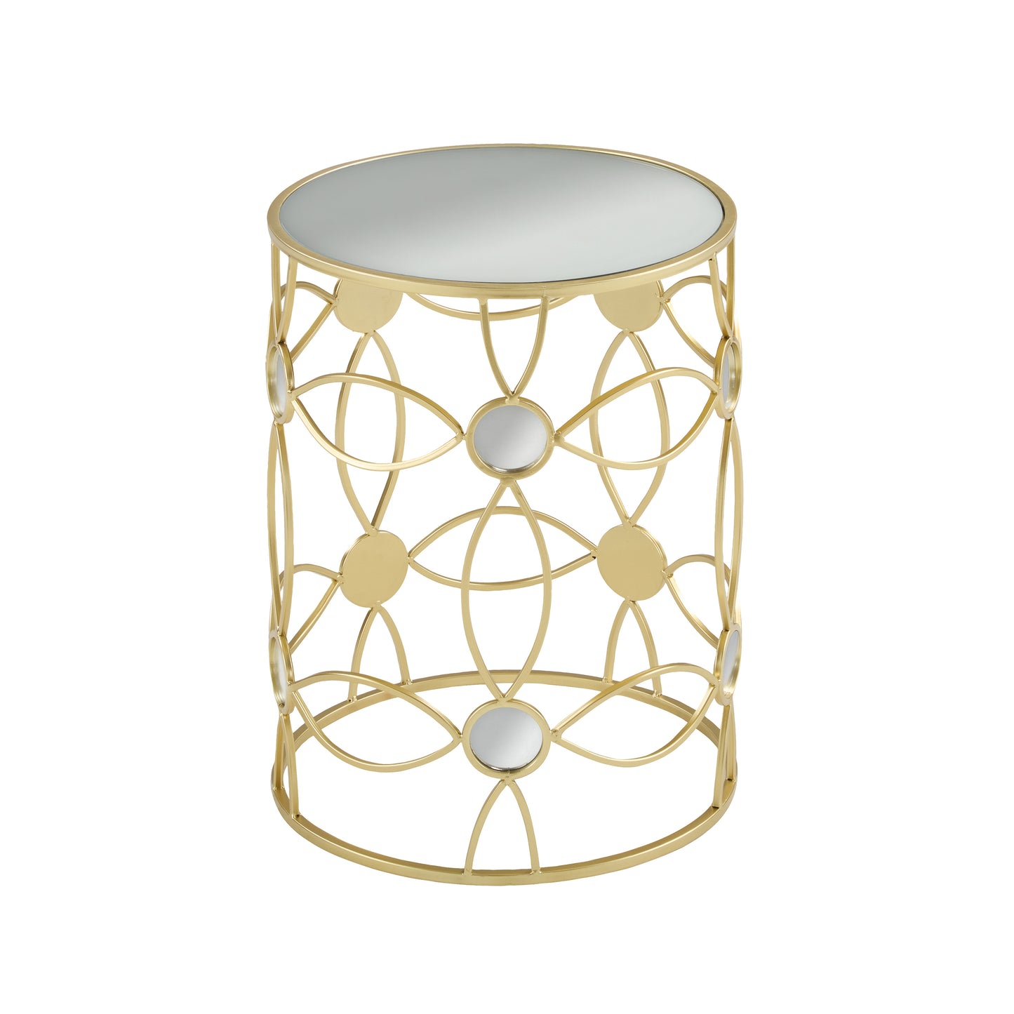 Gold metal accent table with mirrored top and open geometric design