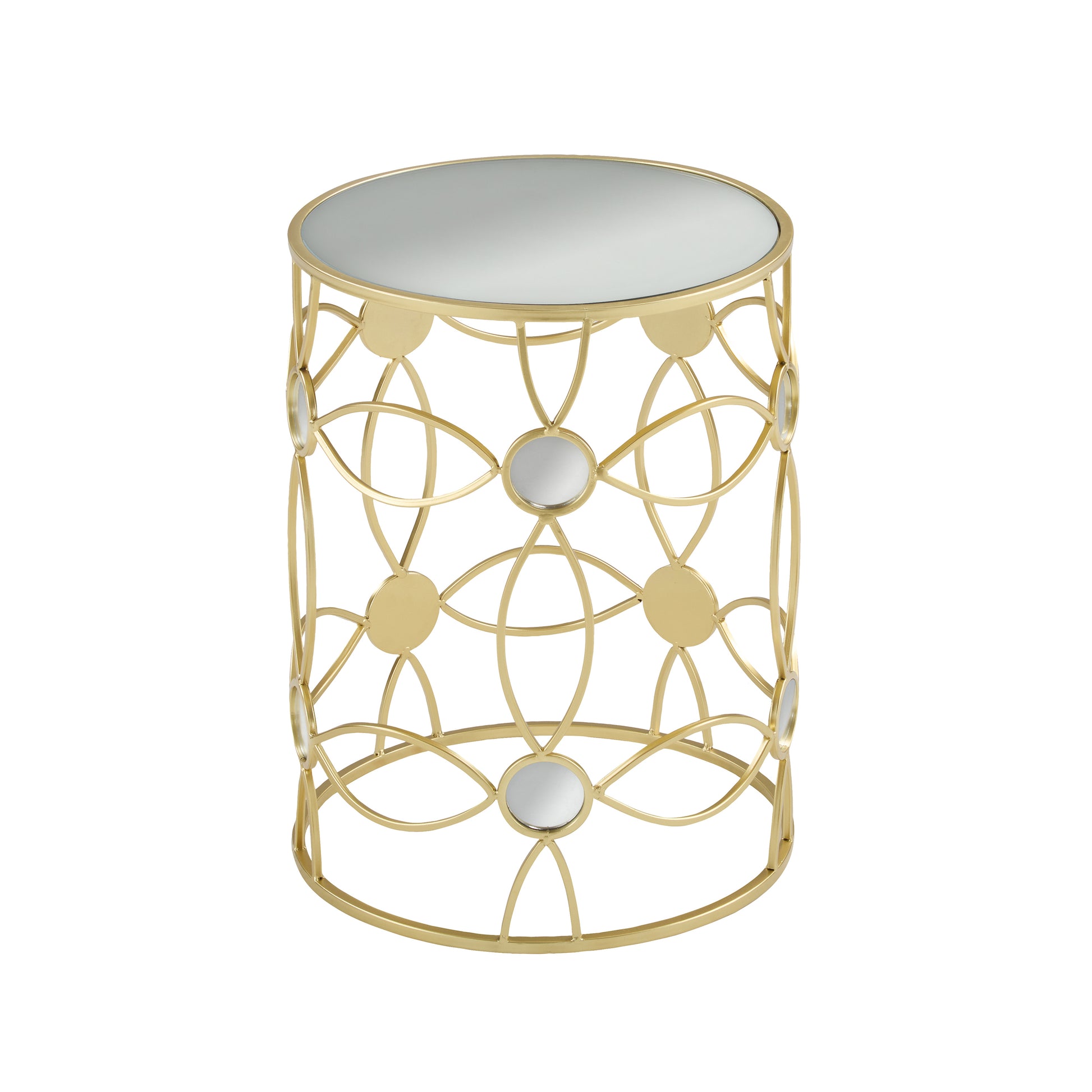 Gold metal accent table with mirrored top and open geometric design