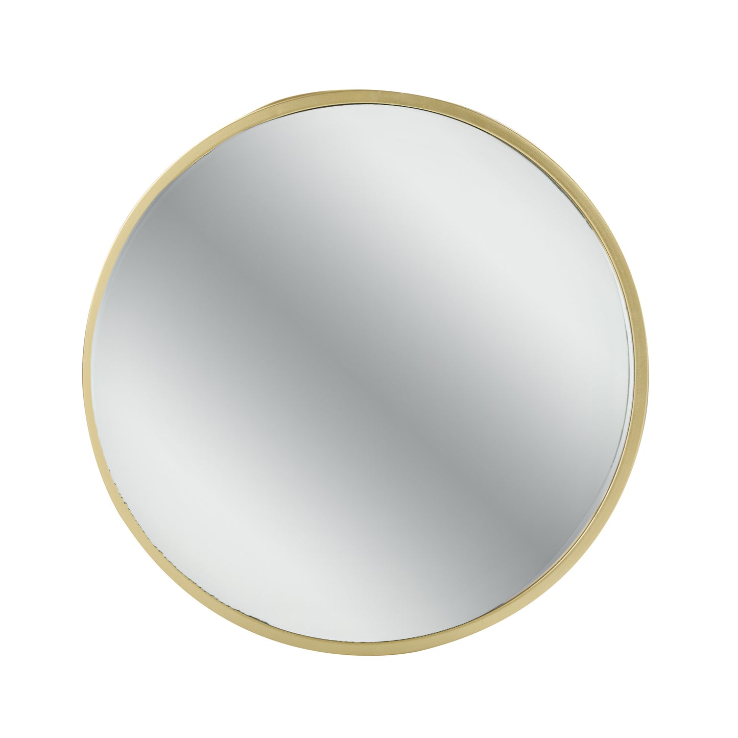 Round goldframed vanity mirror with clear reflective surface
