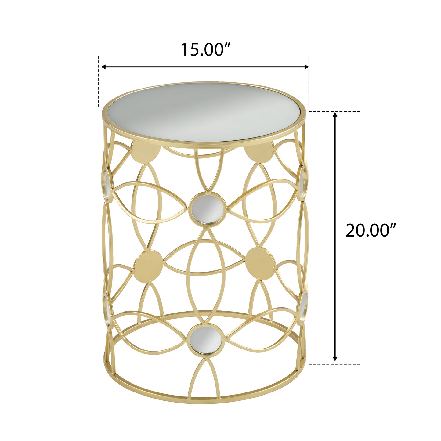 Gold metal end table with mirrored accents and geometric lattice design