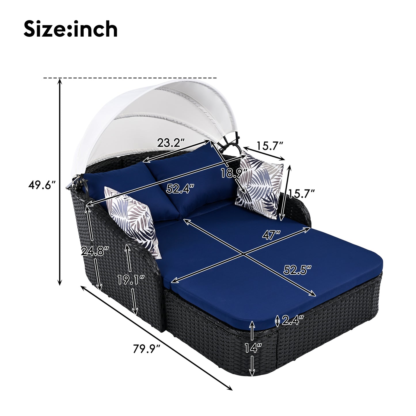 Black wicker outdoor daybed with navy cushions and adjustable canopy for lounging