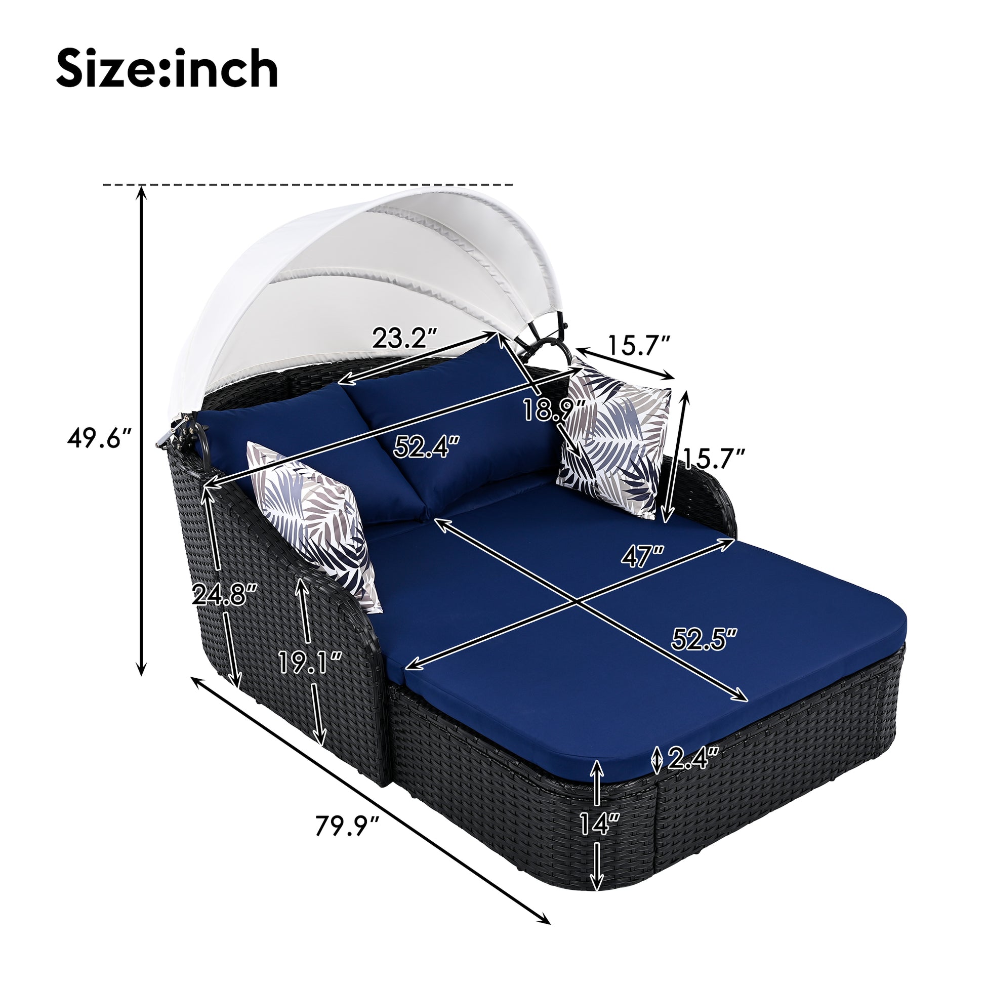 Black wicker outdoor daybed with navy cushions and adjustable canopy for lounging