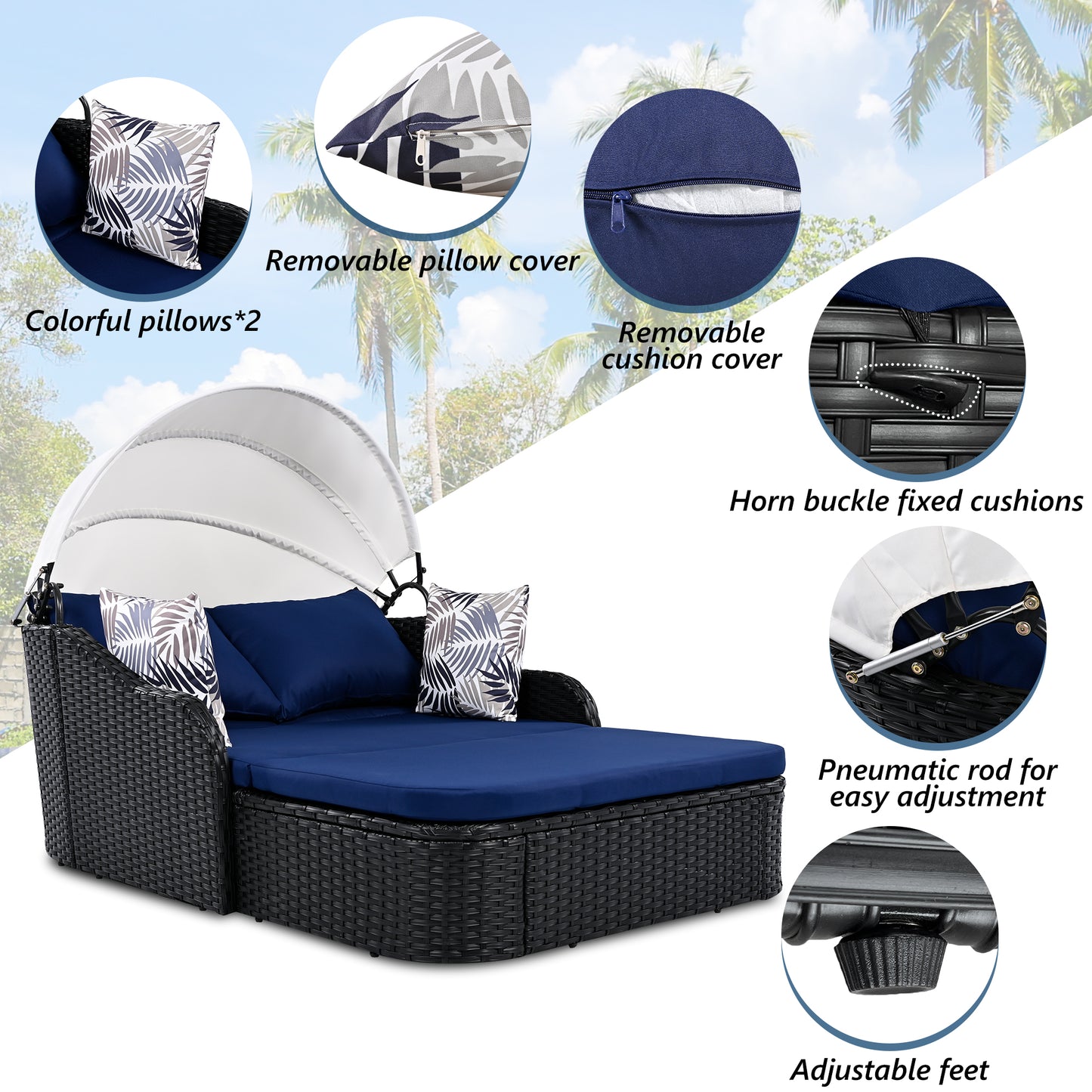 Black wicker patio daybed with blue cushions and canopy