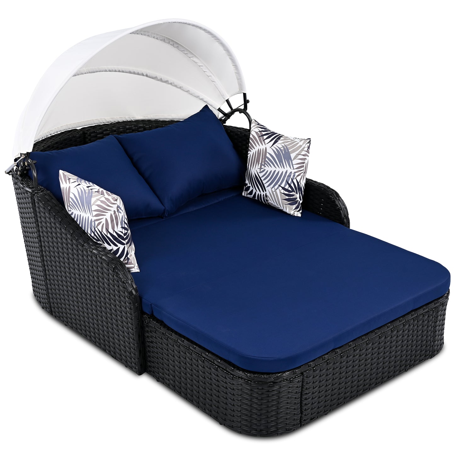 Black wicker daybed with canopy and navy cushions