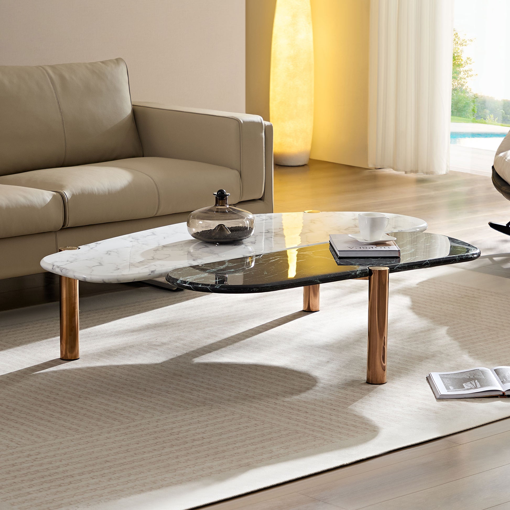 Asymmetrical marble coffee table with copper legs and abstract marbling