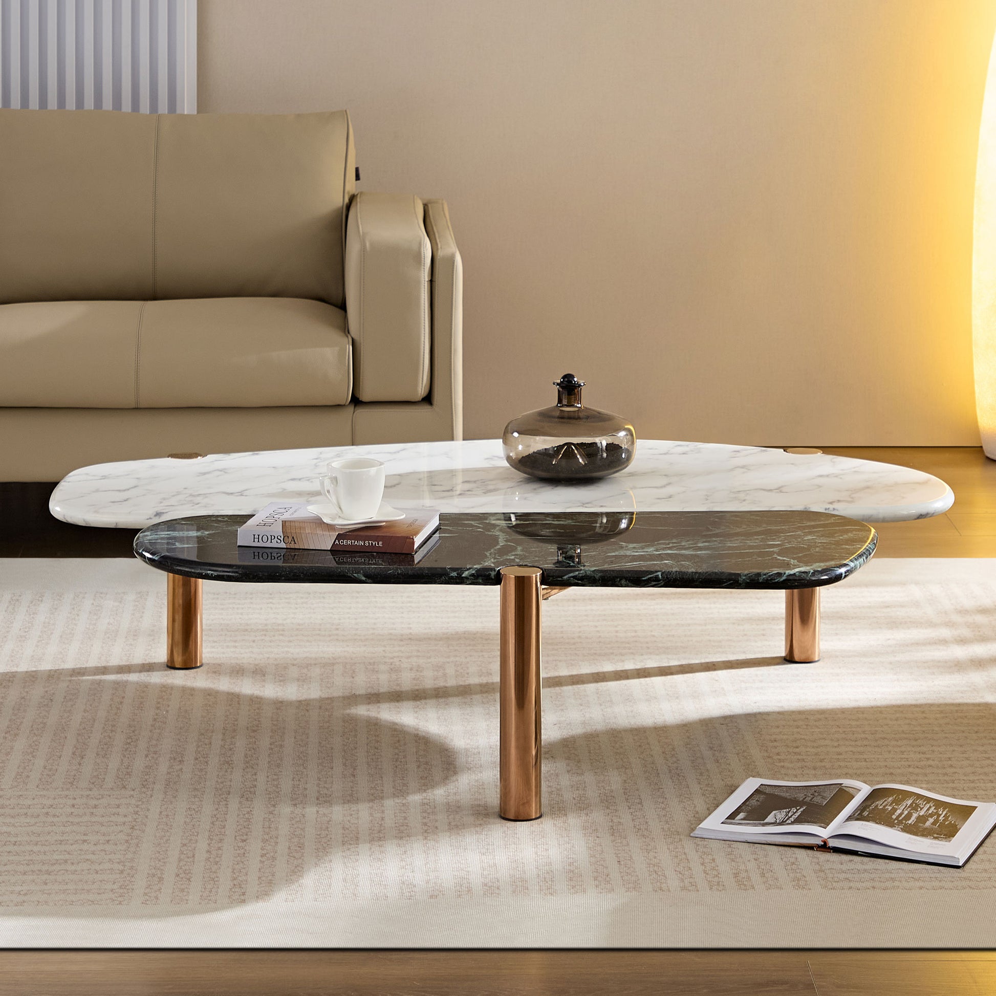 Modern coffee table with layered marble tops and gold legs
