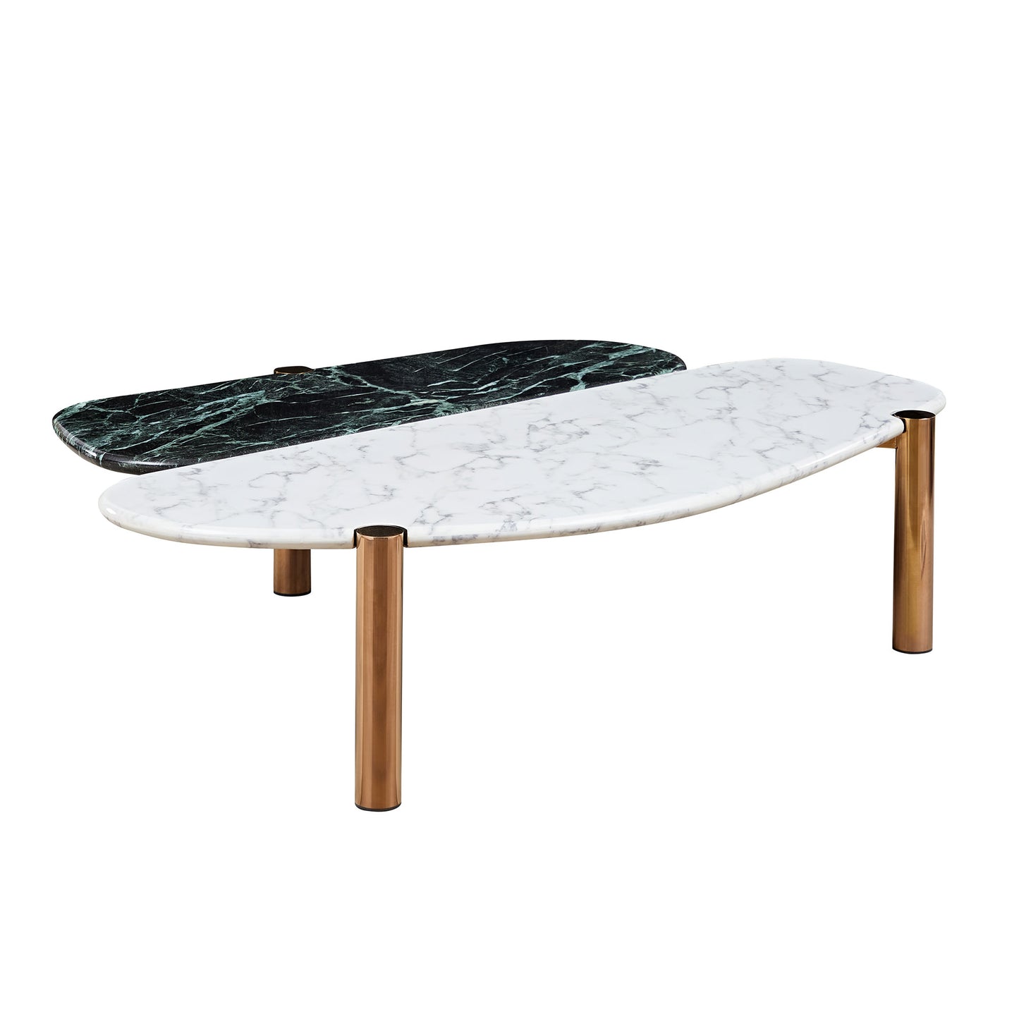 Modern coffee table with white and green marble tops and copper legs