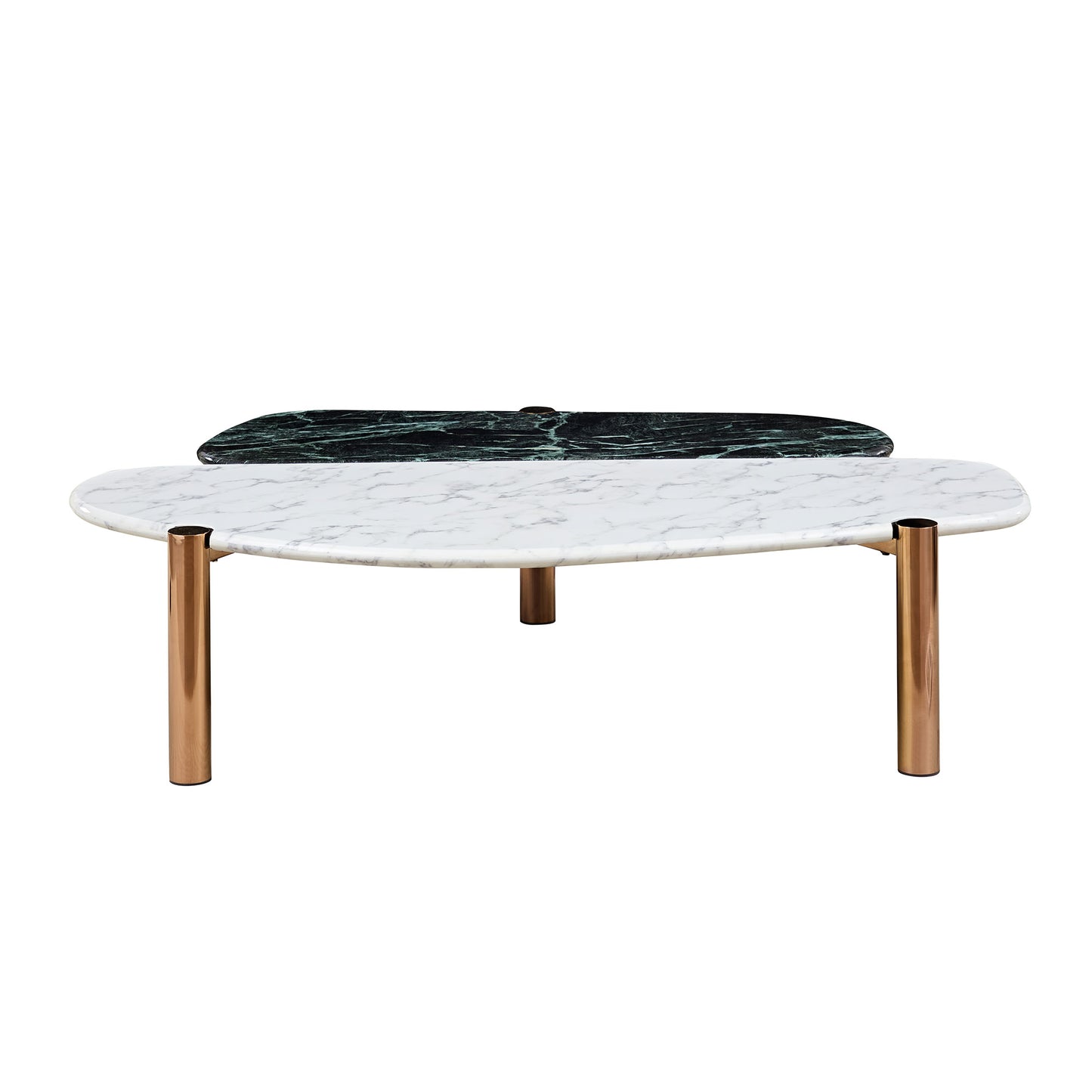 Modern white marble coffee table with green marble accent and rose gold legs