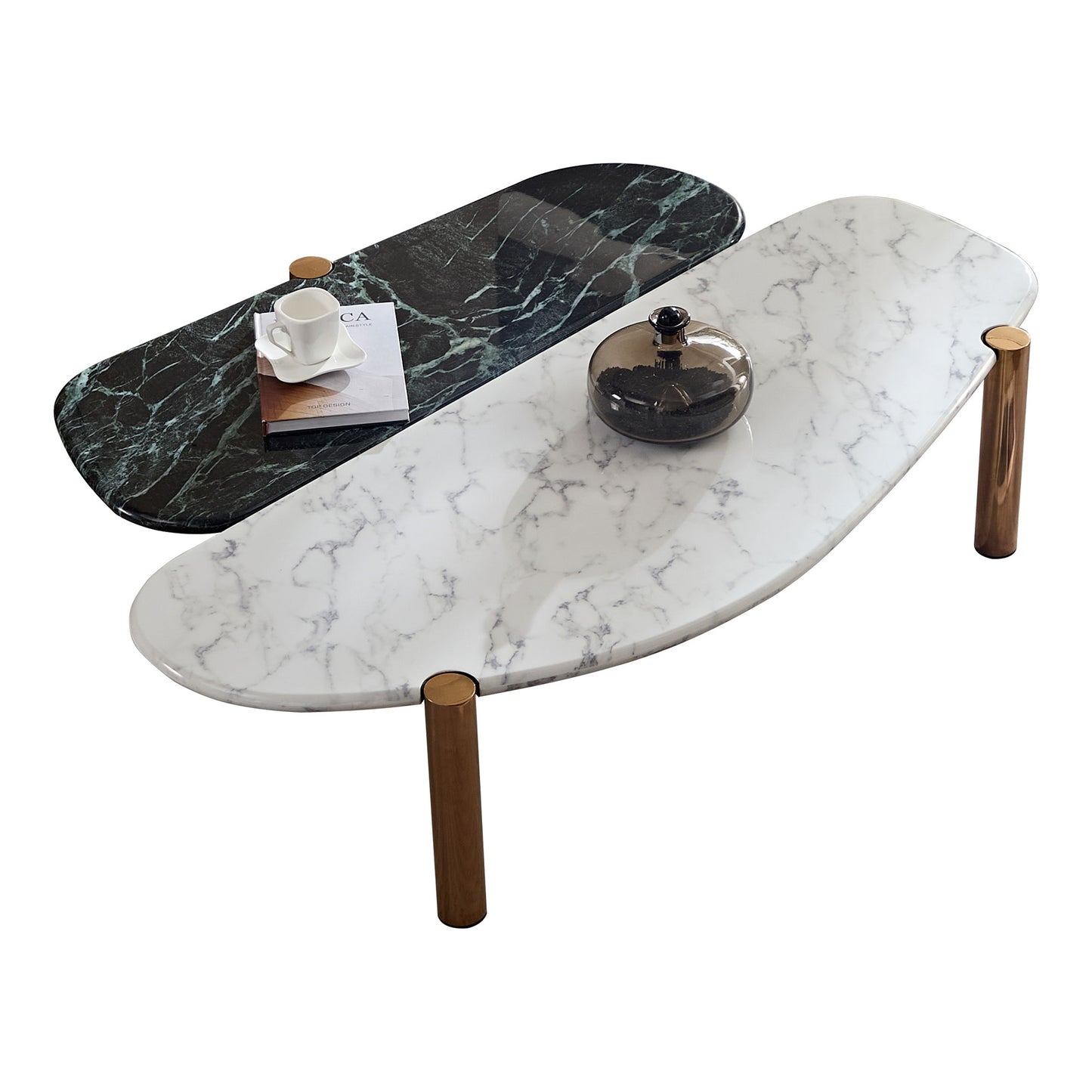 Modern oval coffee table with white marble top and brass legs