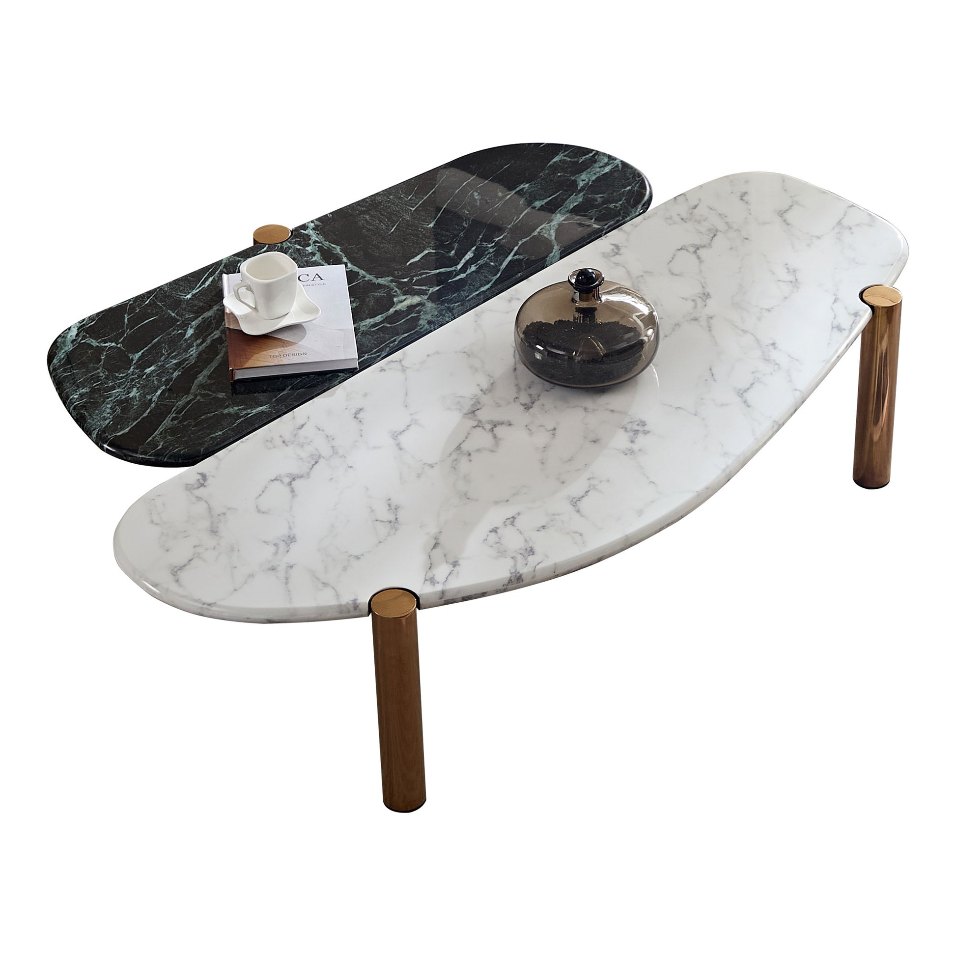 Modern oval coffee table with white marble top and brass legs
