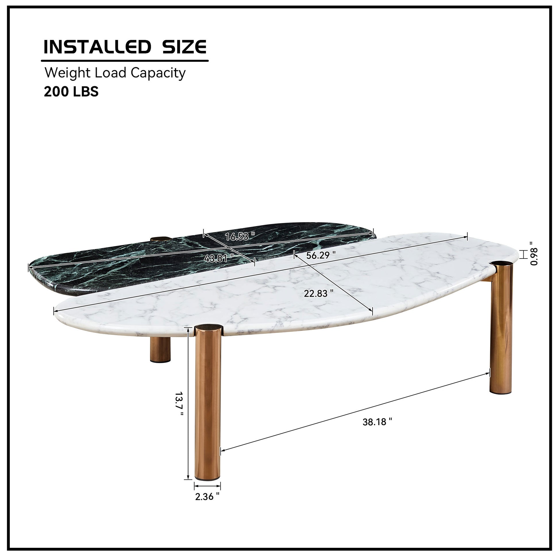 Twotiered oval coffee table with white and green marble tops and brass legs