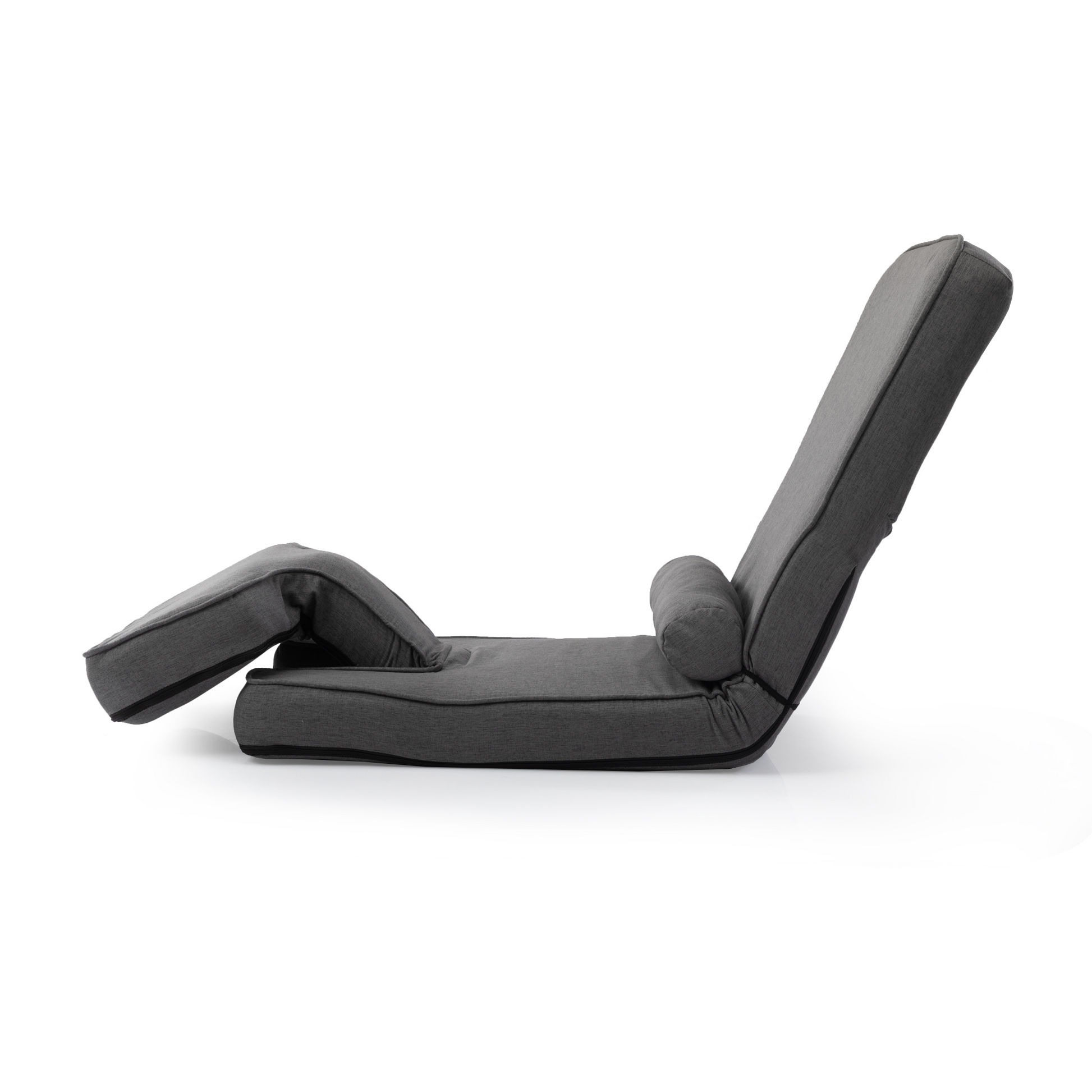 Grey fabric floor chair with adjustable backrest and lumbar pillow