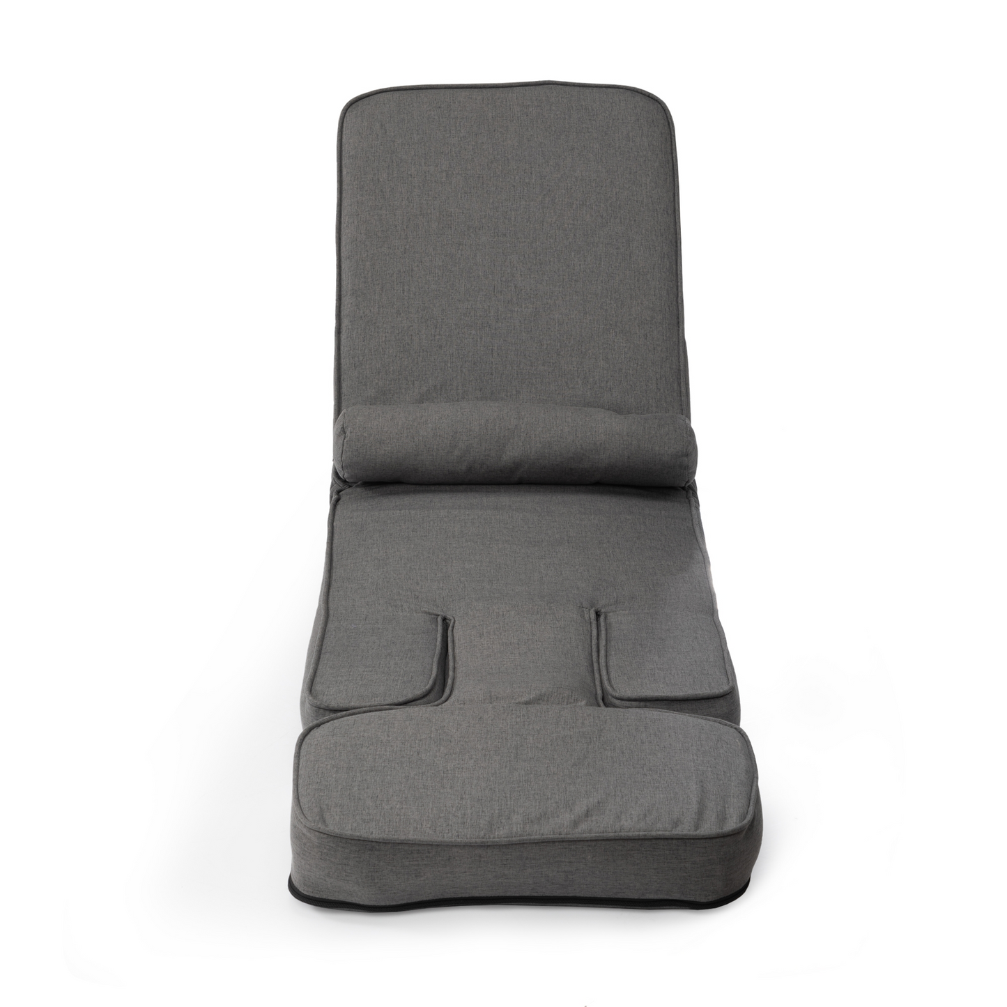 Gray fabric recliner cushion with integrated headrest and lumbar support