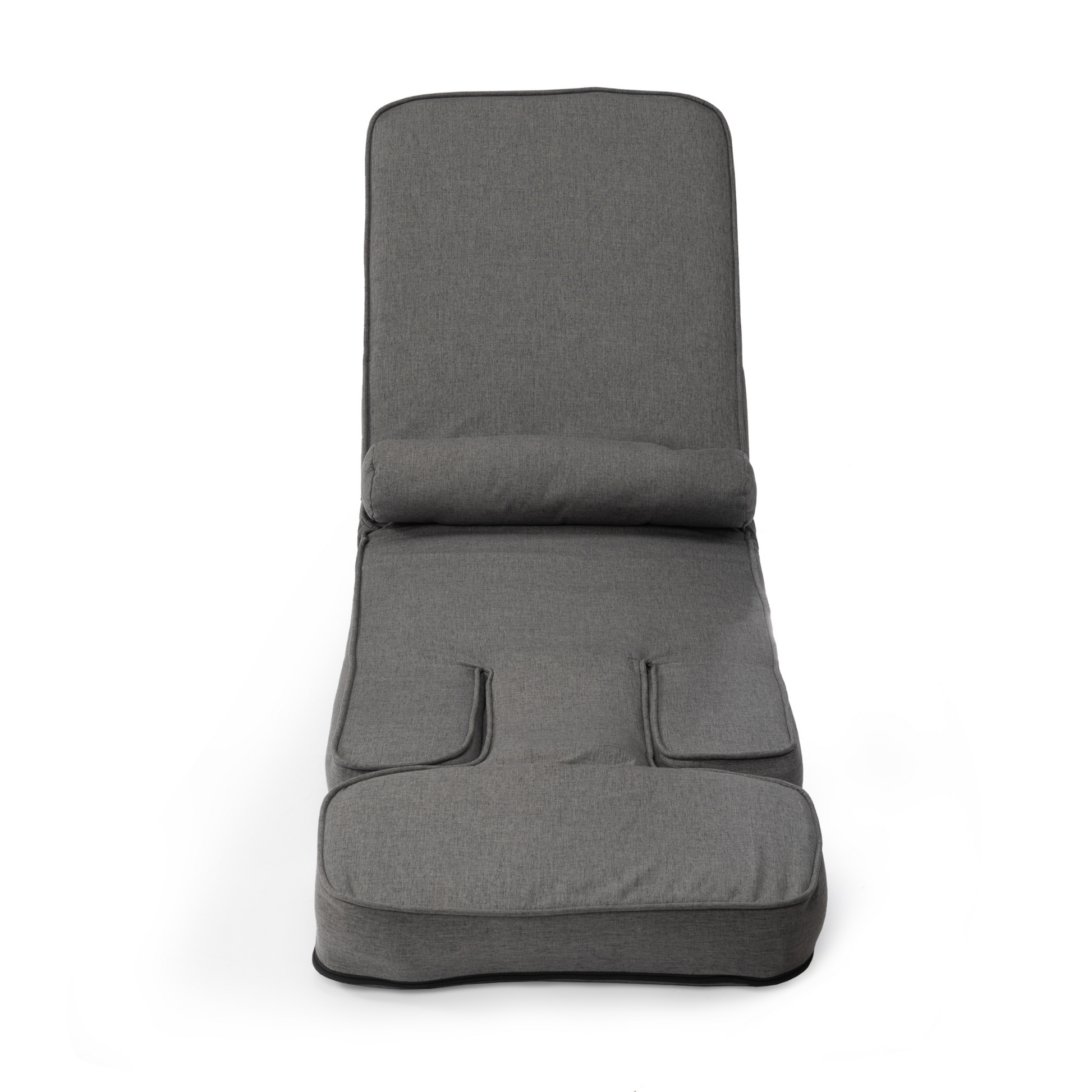 Gray fabric recliner cushion with integrated headrest and lumbar support