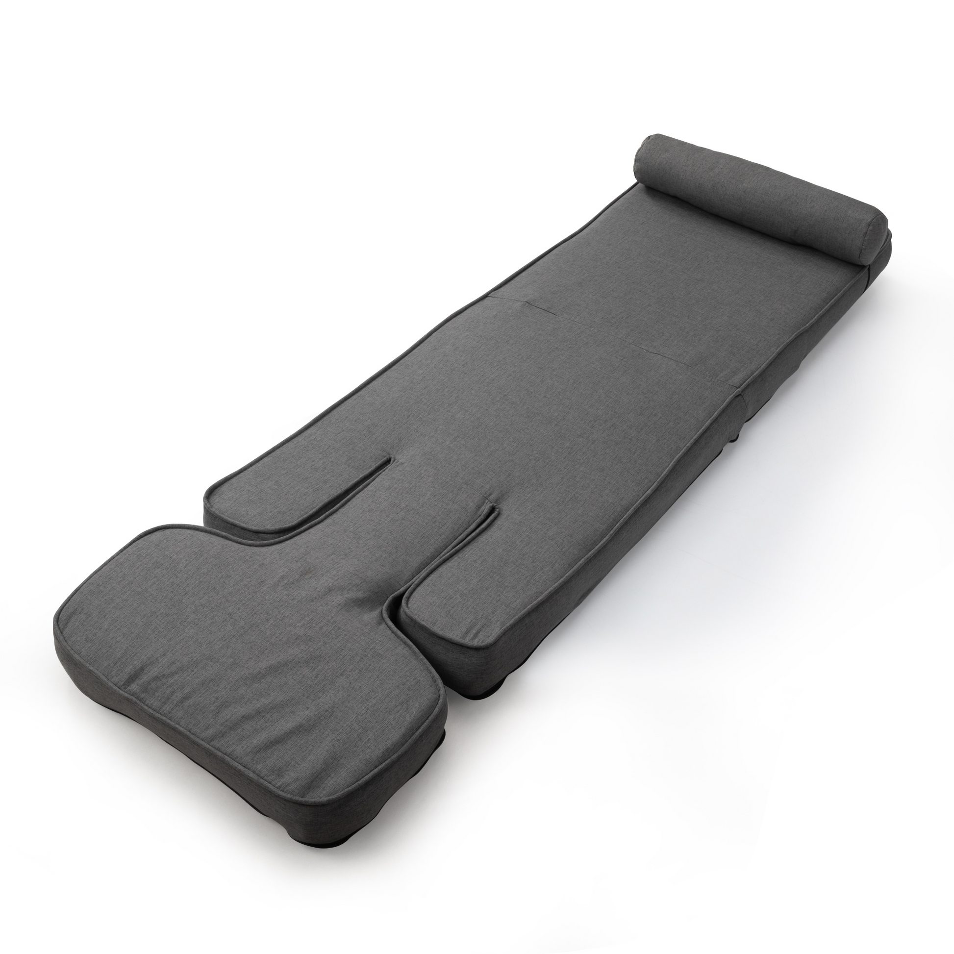 Charcoal grey fabric recliner with adjustable headrest and integrated leg support