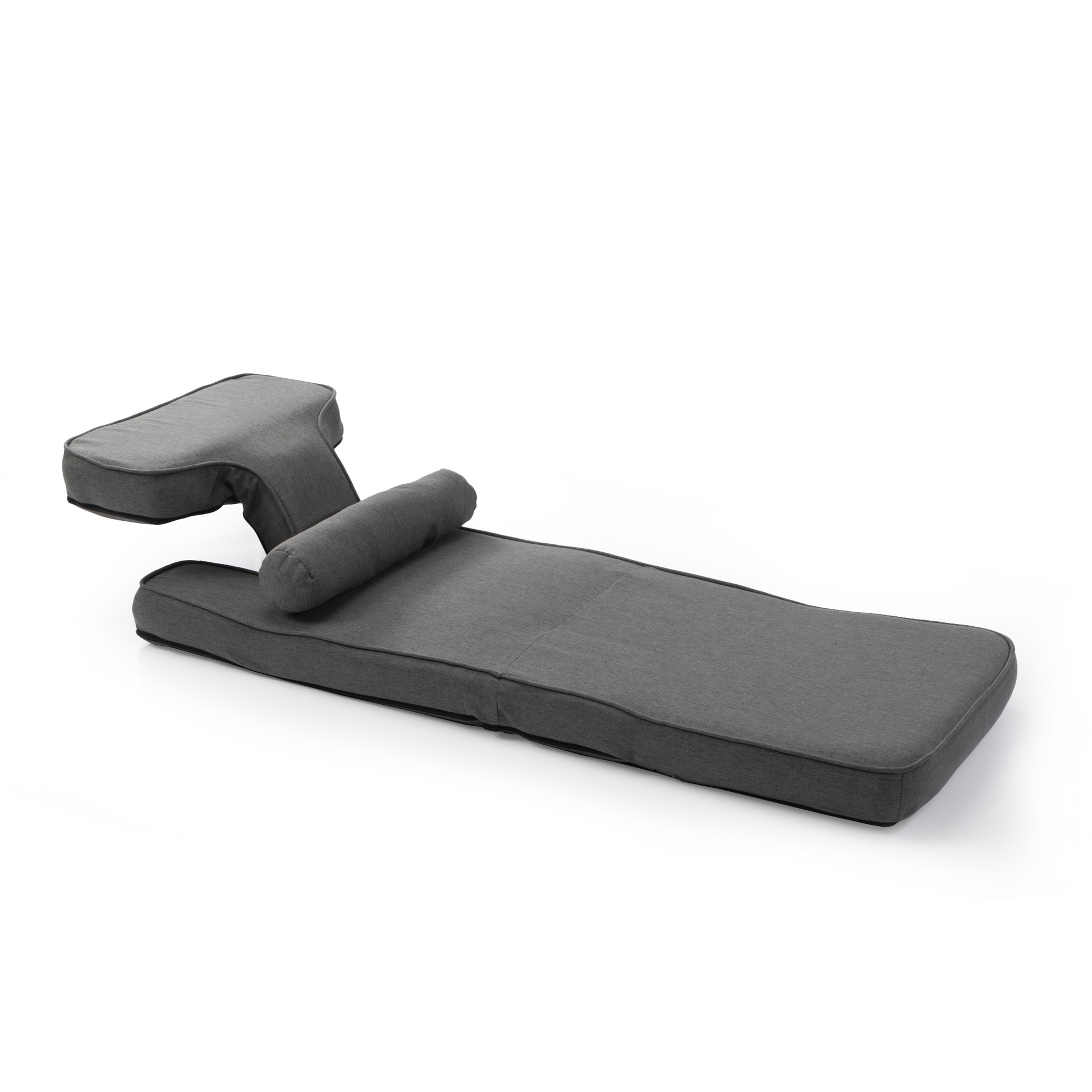 Adjustable grey fabric chaise lounge chair with lumbar support pillow