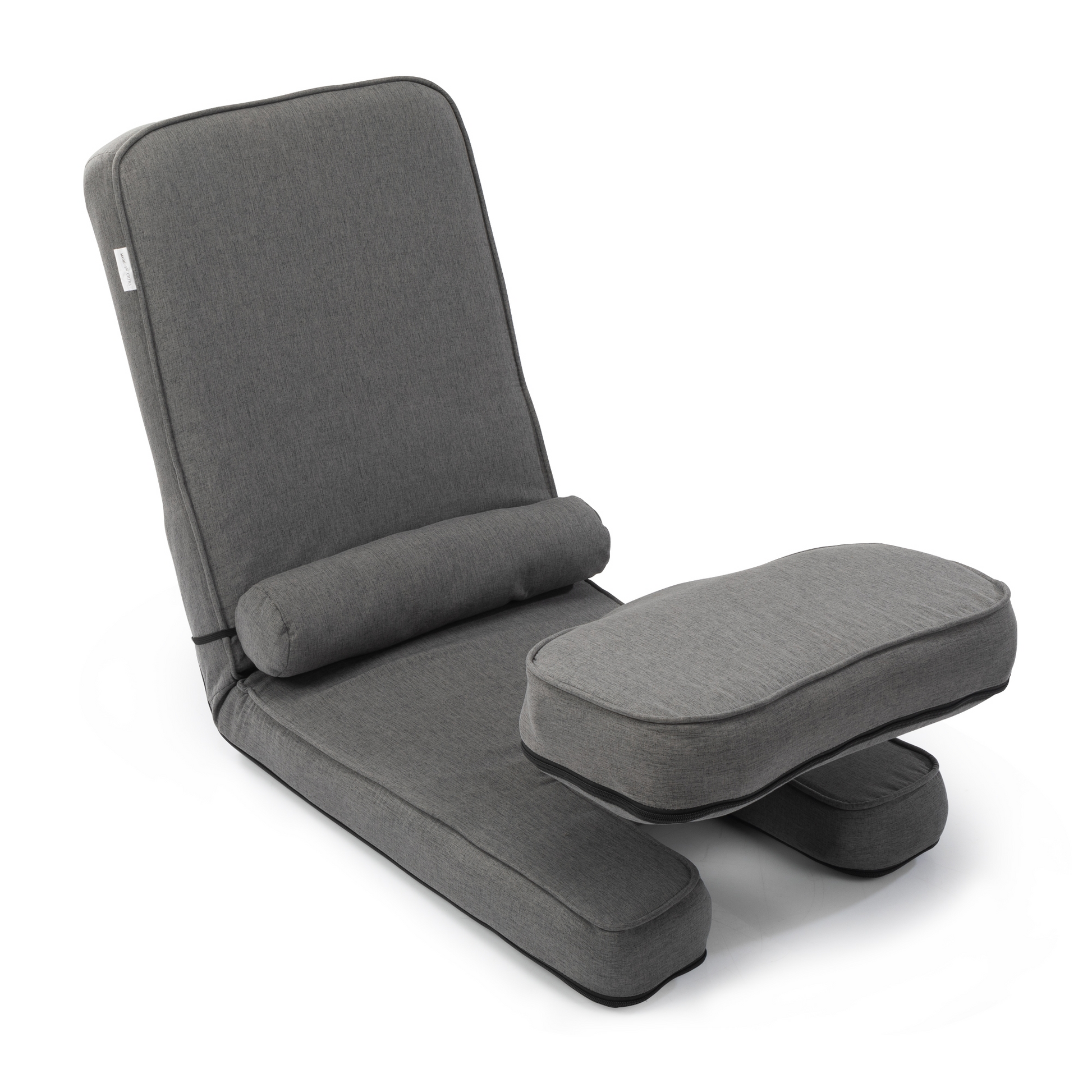 Gray upholstered floor chair with adjustable backrest and padded footrest