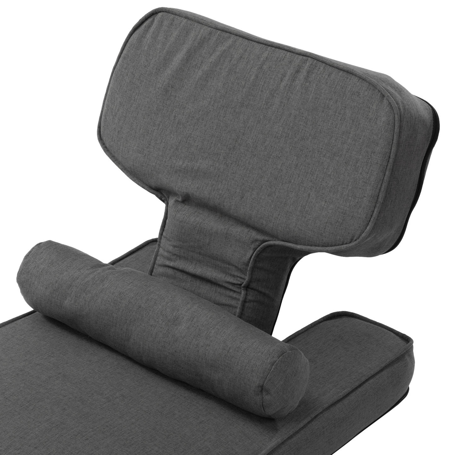 Grey fabric lounge chair with adjustable headrest and bolster pillow