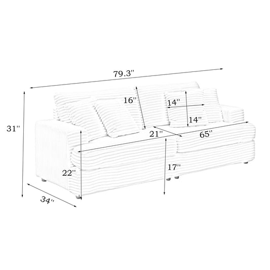 Diagram of a plush corduroy sectional sofa with dimensions