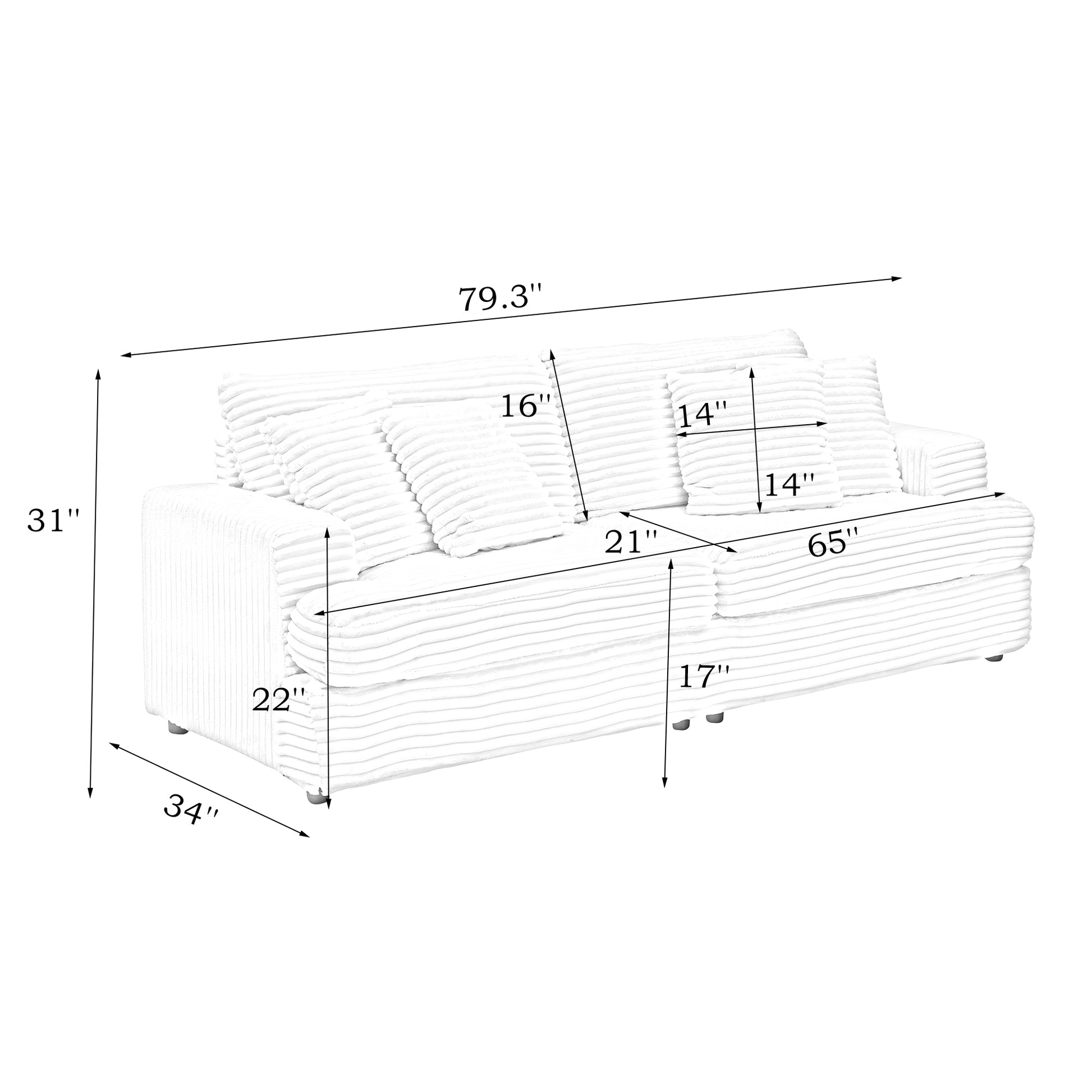 White corduroy sofa with accent pillows
