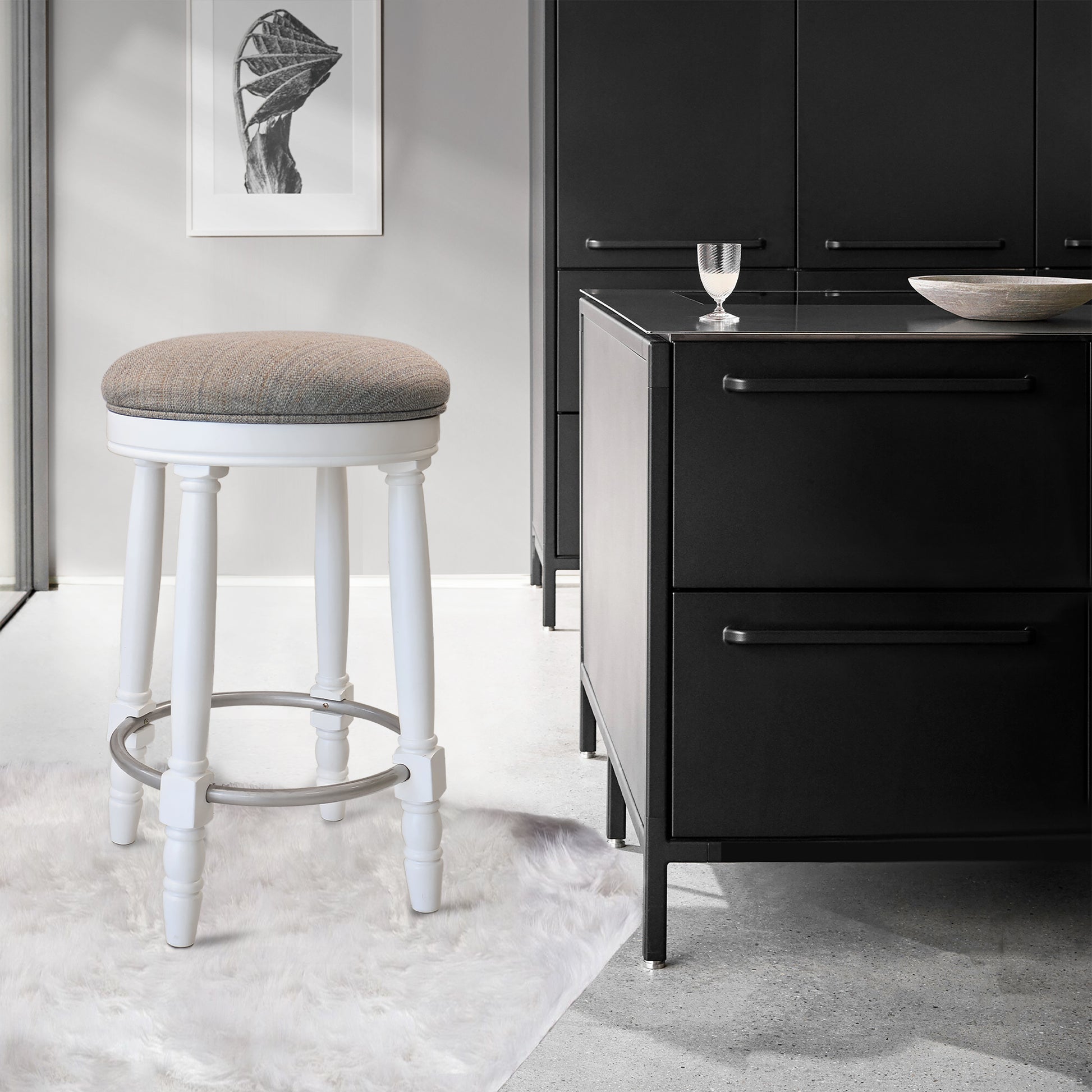 White wooden bar stool with upholstered gray seat
