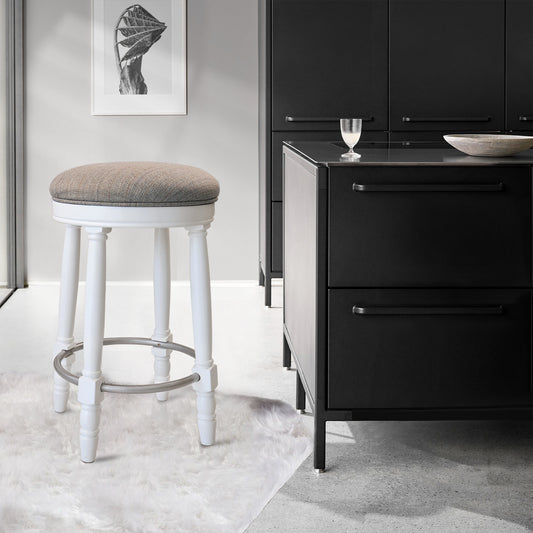 White wooden bar stool with upholstered gray seat