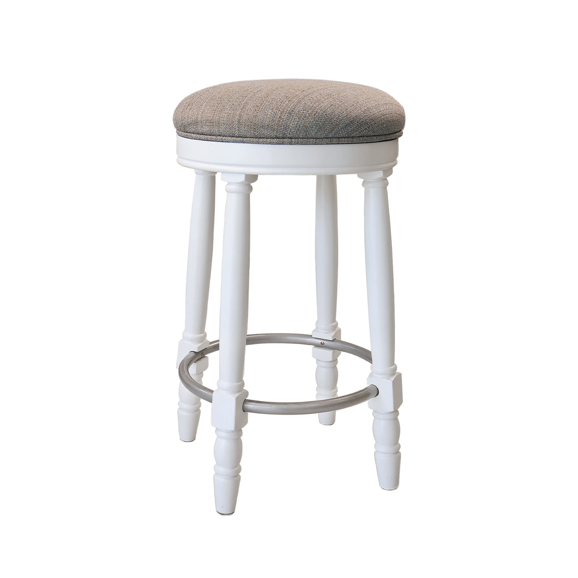 White wooden bar stool with a textured grey upholstered round seat and silver footrest