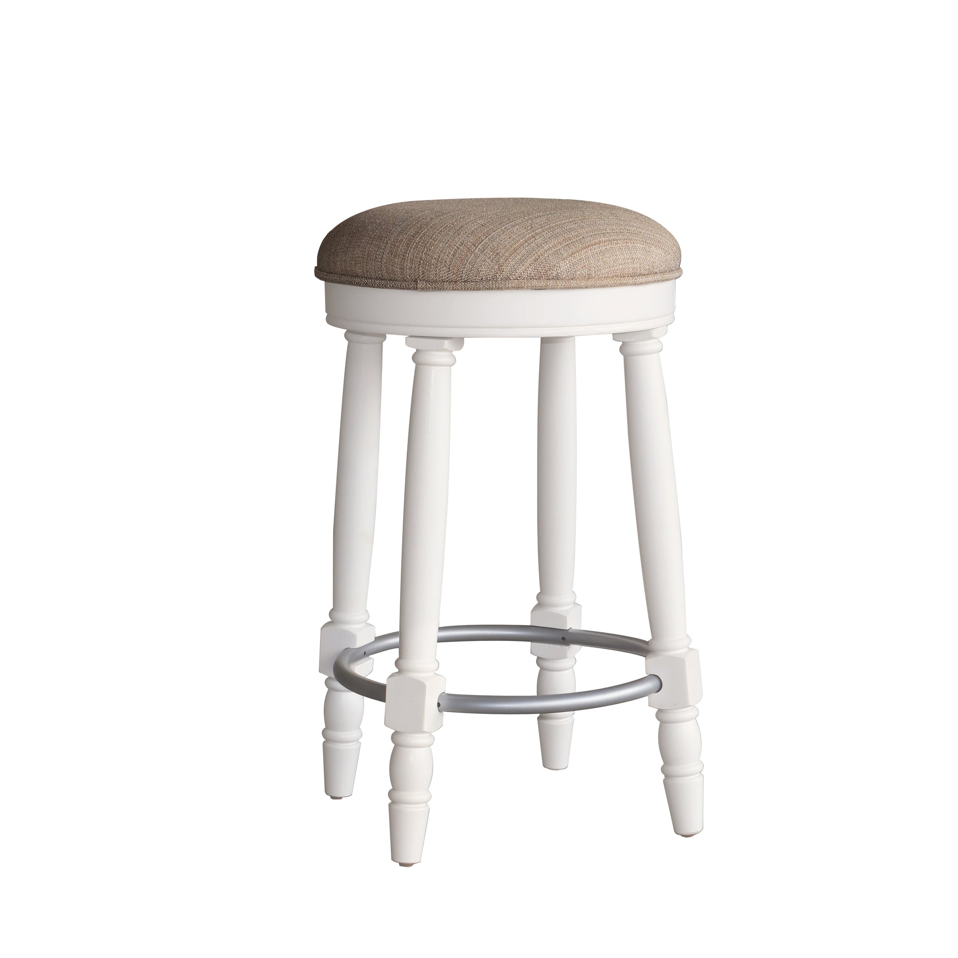 White wood bar stool with a textured tan fabric seat and silver footrest ring