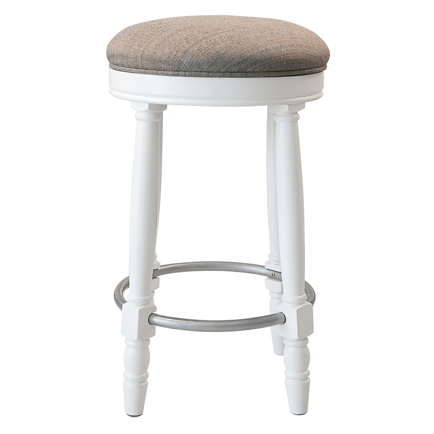 White upholstered bar stool with a textured beige seat and a wooden base