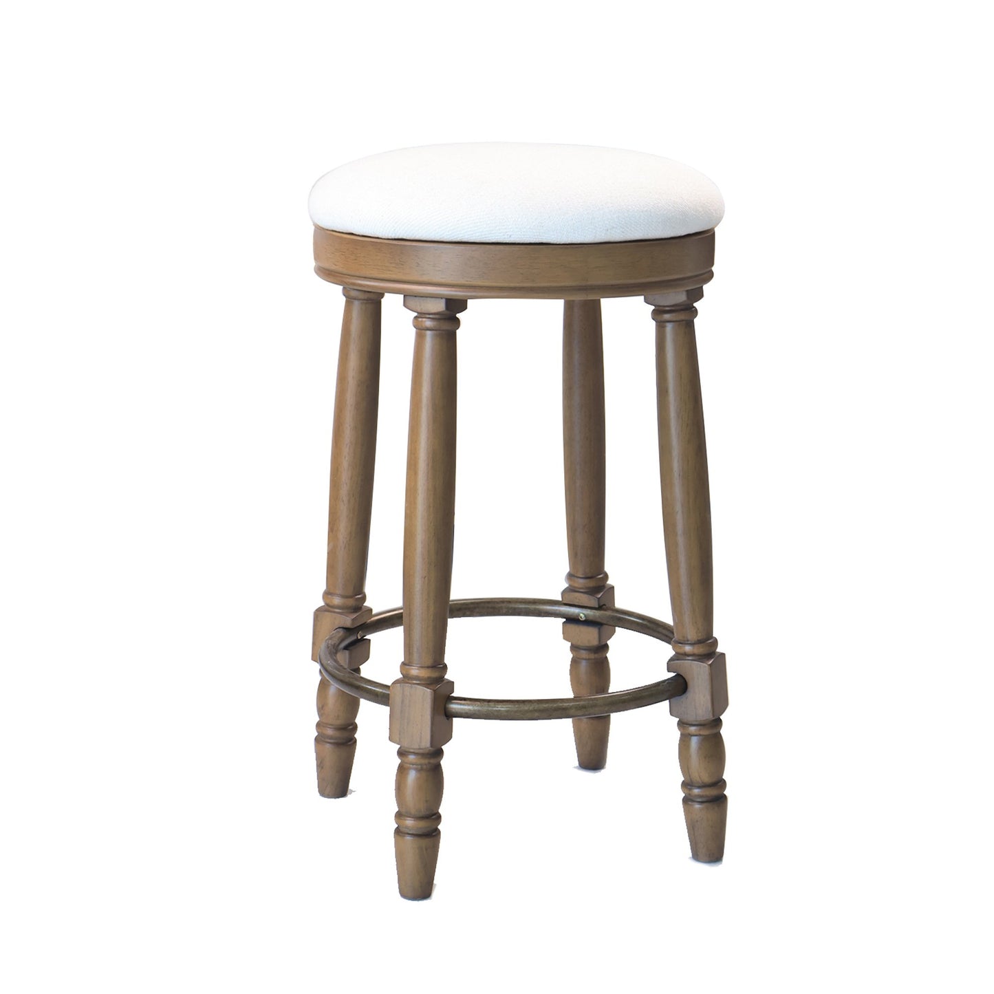 Round white upholstered wood bar stool with turned legs and footrest