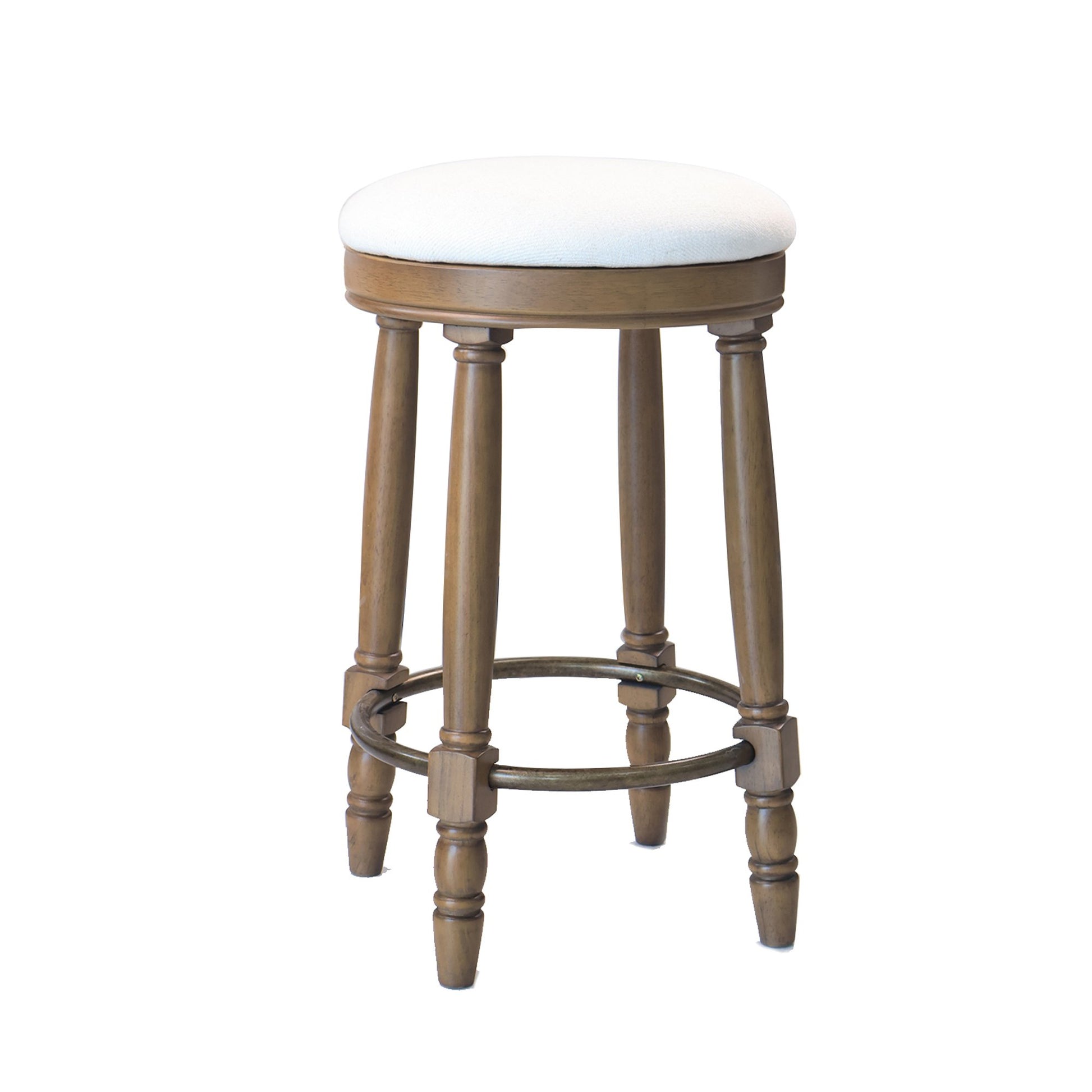 Round white upholstered wood bar stool with turned legs and footrest