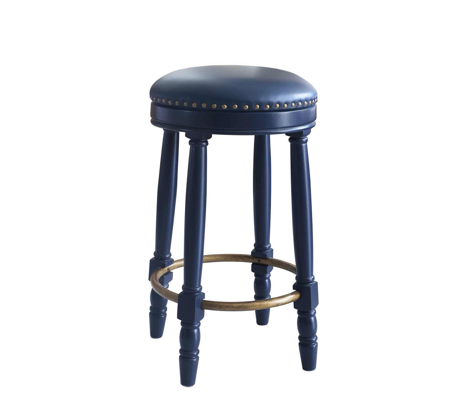 Dark blue upholstered bar stool with brass footrest and nailhead trim