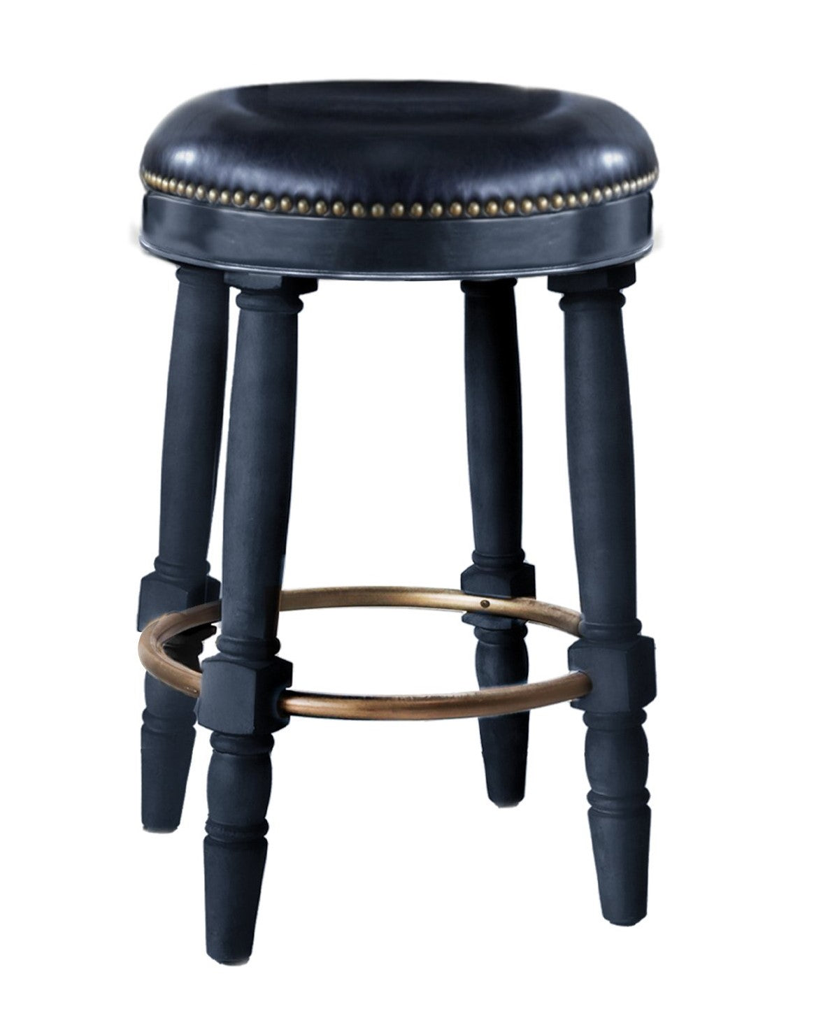 Dark blue faux leather bar stool with brass nailhead trim and turned legs