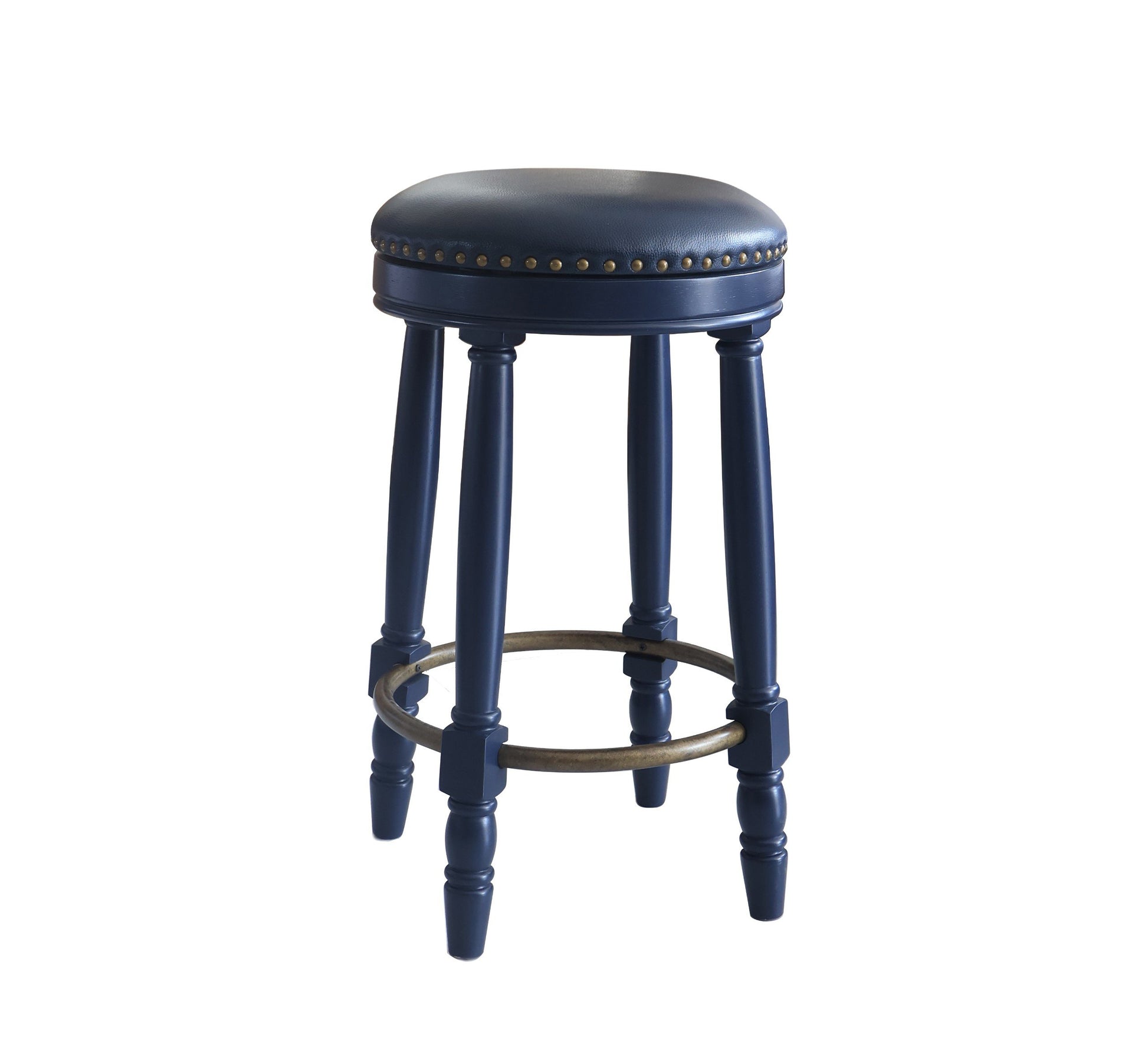Navy upholstered bar stool with brass studding and dark wood legs