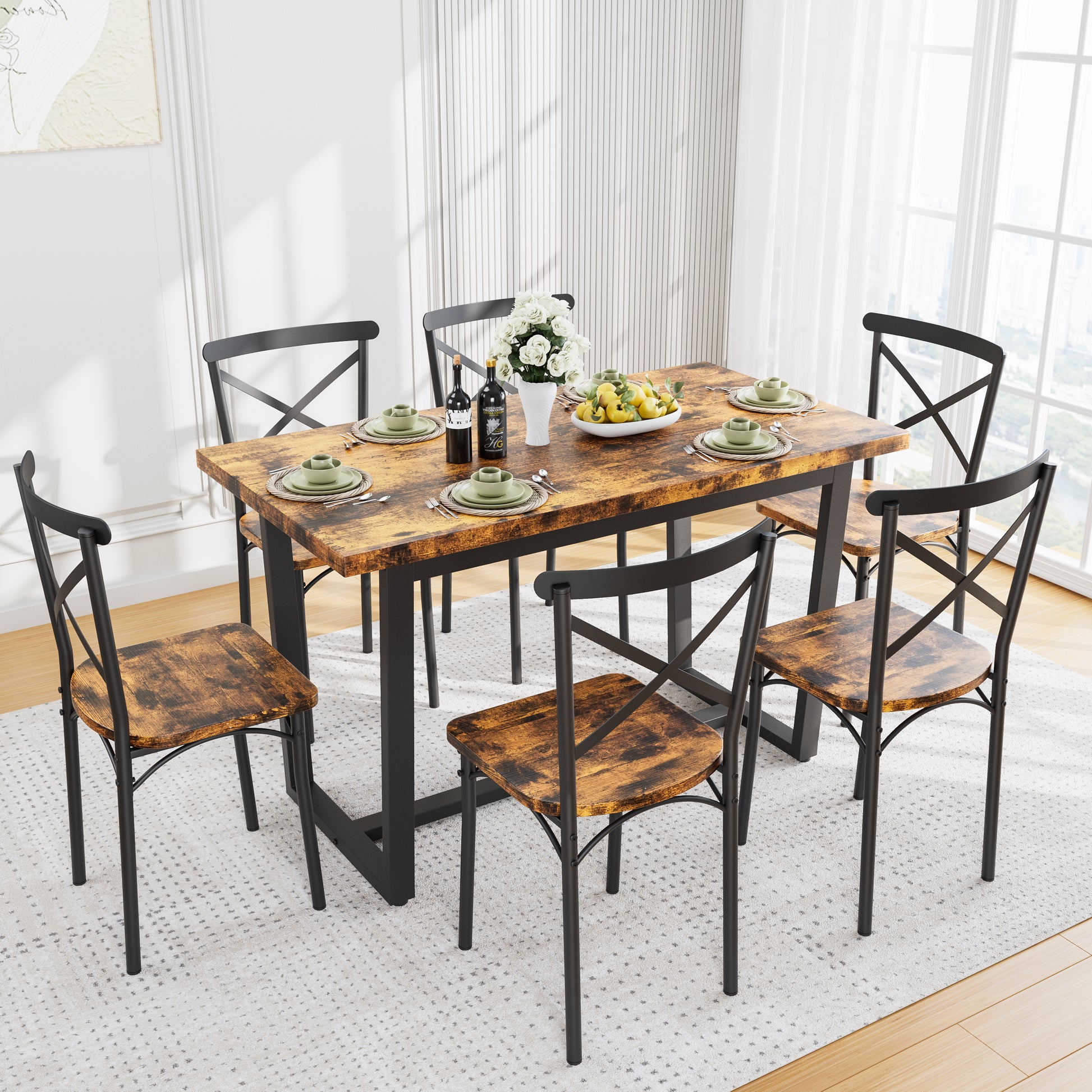 Rustic farmhouse dining table set with distressed wood finish and black metal frame