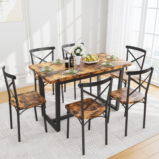 Rustic farmhouse dining table set with distressed wood finish and black metal frame