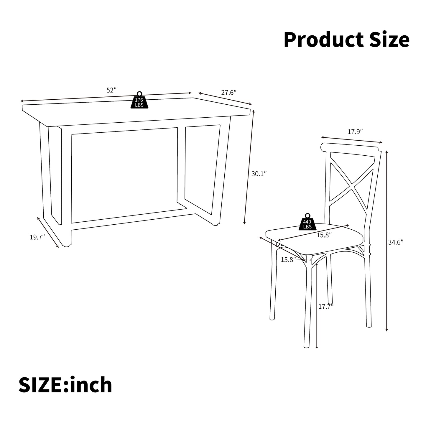 Diagram of a rectangular dining table with dimensions  L x  W x  H