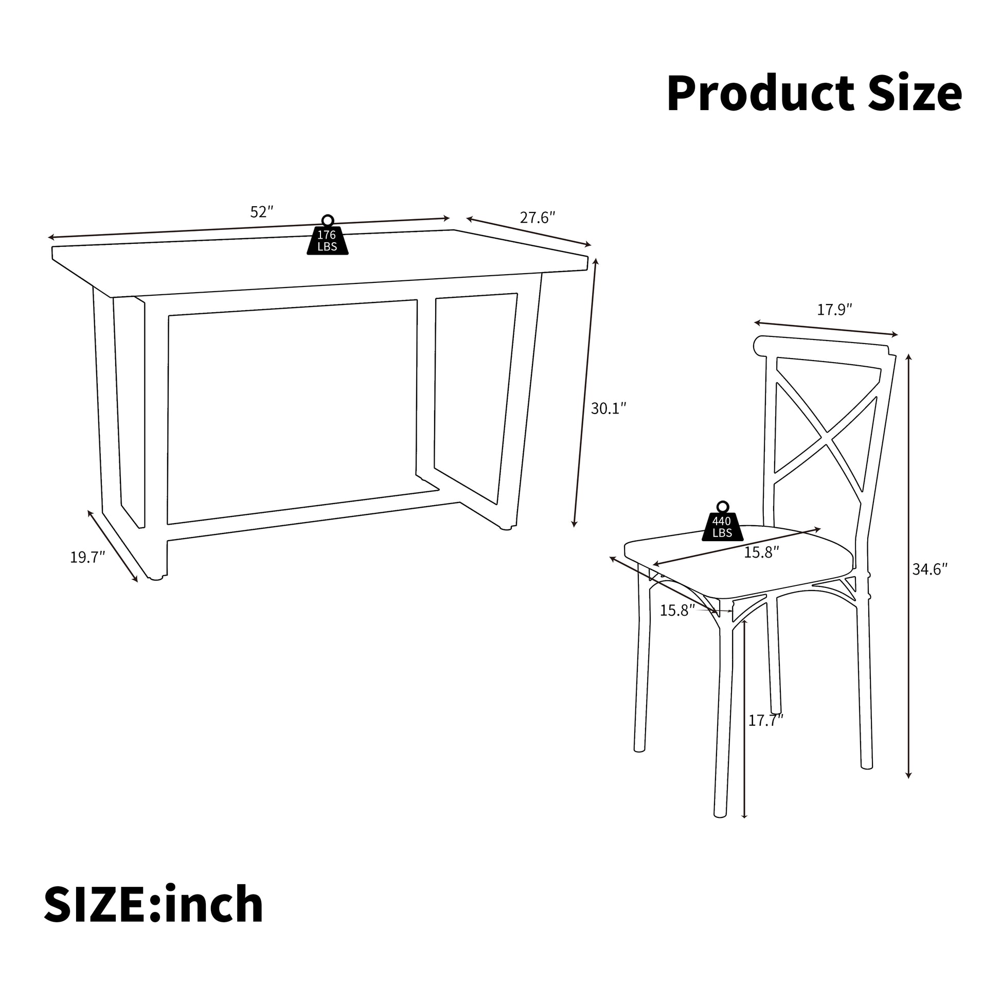 Diagram of a rectangular dining table with dimensions  L x  W x  H