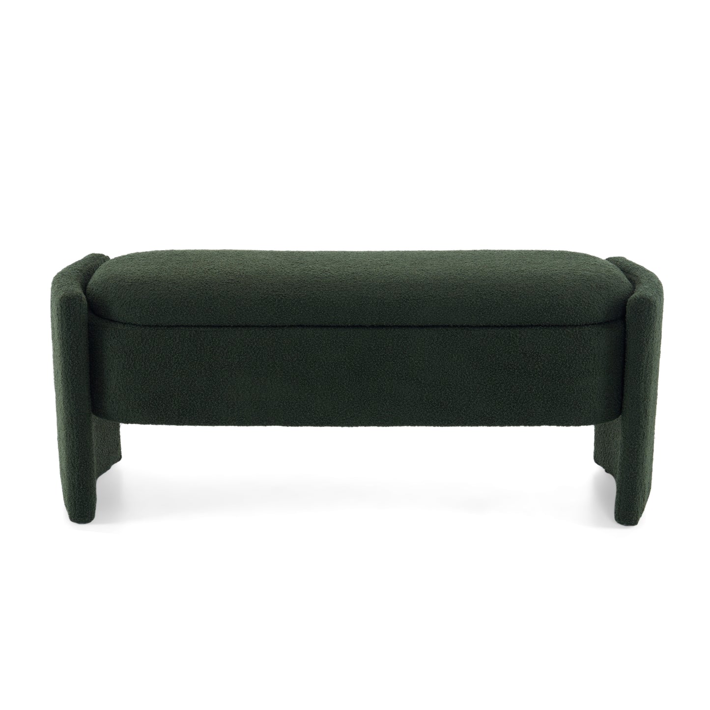 Dark green boucle storage bench with flared legs and a curved top